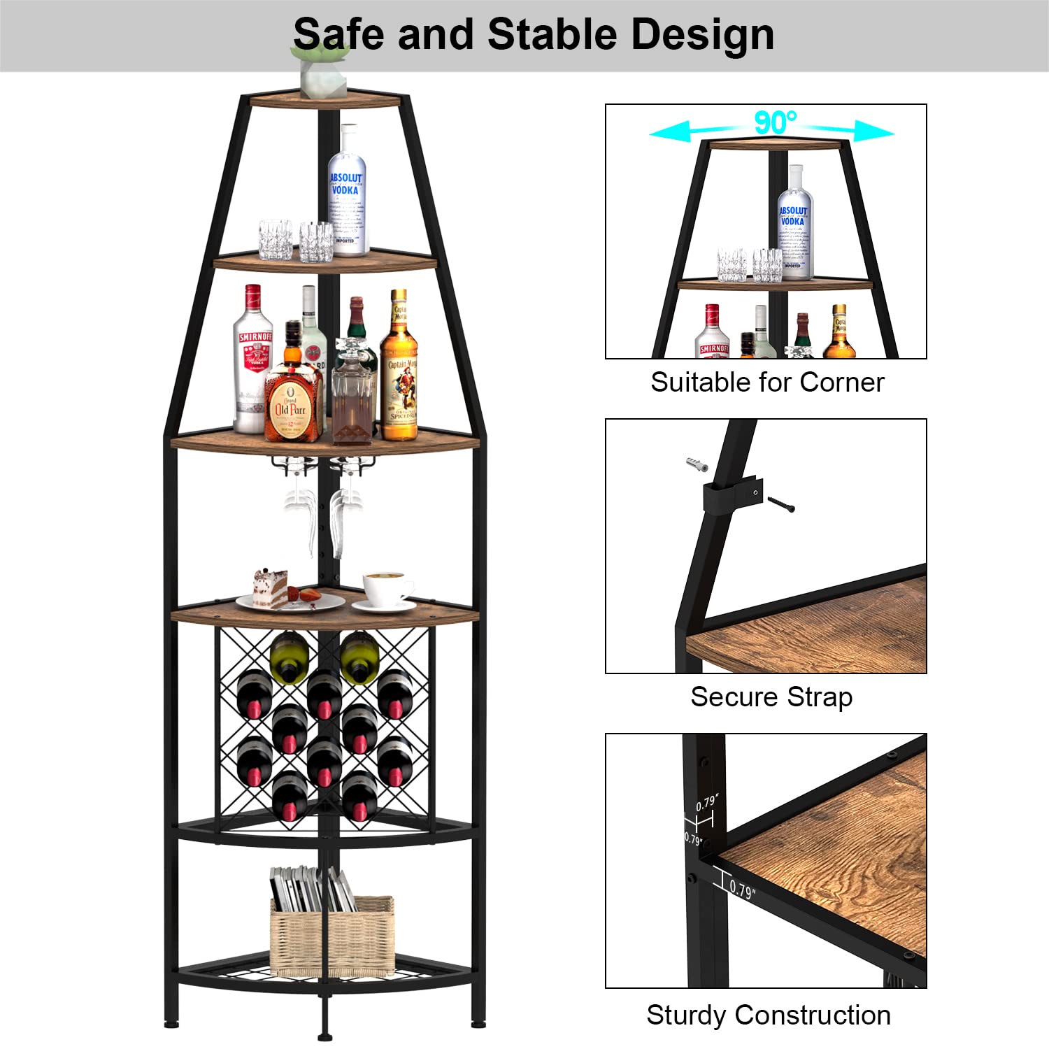 5-Tier Corner Wine Rack with LED Lights - Floor Standing Wine Storage with Glass Holder for 12 Bottles - Rustic Brown Home Bar Furniture for Kitchen, Living Room & Dining Room - Perfect for Wine Enthusiasts & Entertaining Guests