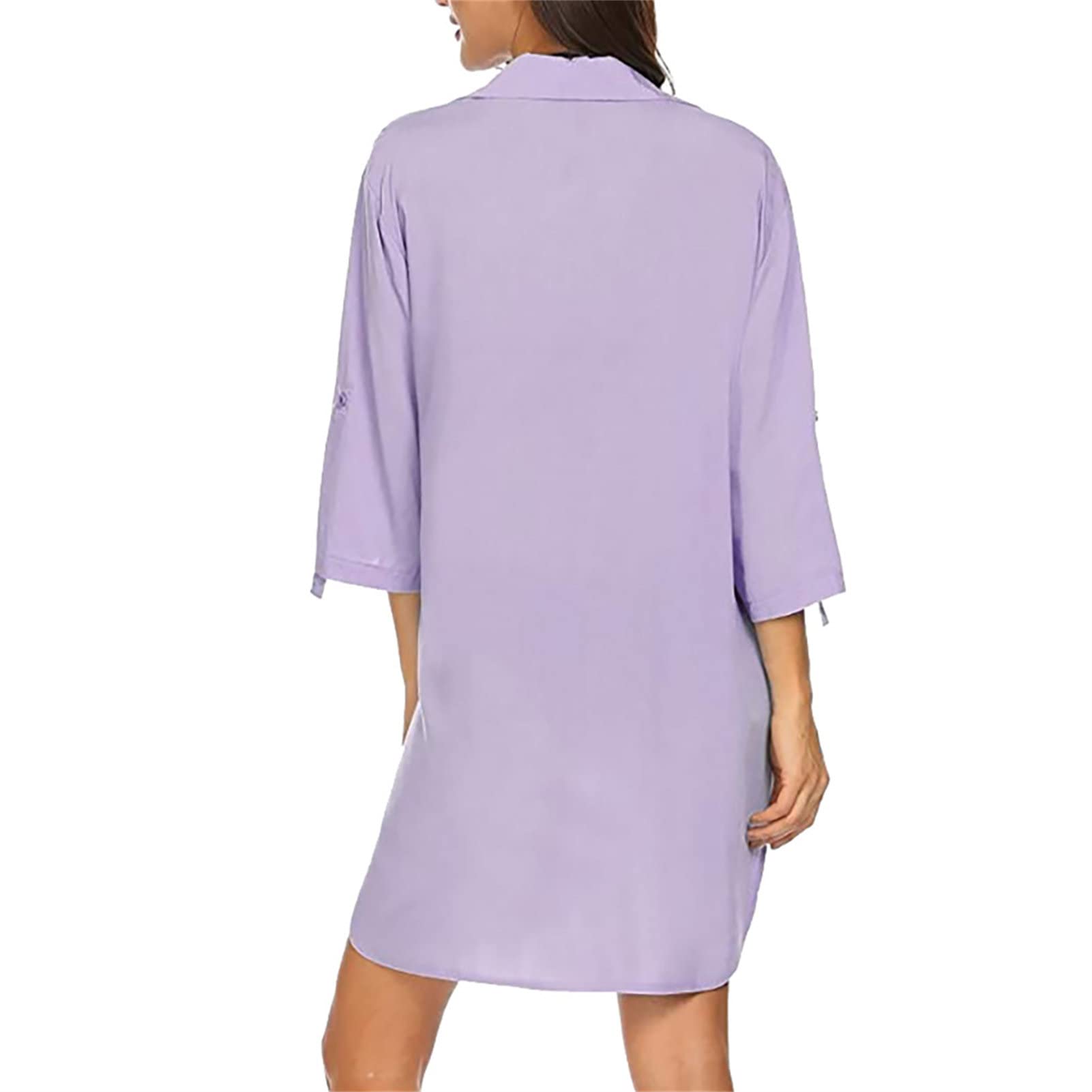 Women's Button Down Shirt Dress - Deep V Neck 3/4 Sleeve Solid Color Tunic Dress with Pockets | Loose Fit Casual Short Dress for Work, Date Night & Summer Outings