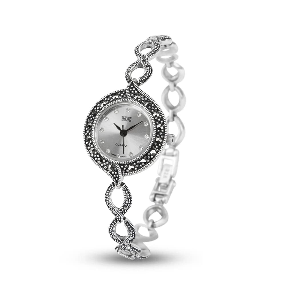 Vintage Thai Silver Watch with Marcasite & Quartz Movement - Elegant Bracelet Wristwatch for Women | Perfect for Formal Events, Date Nights & Gift Giving