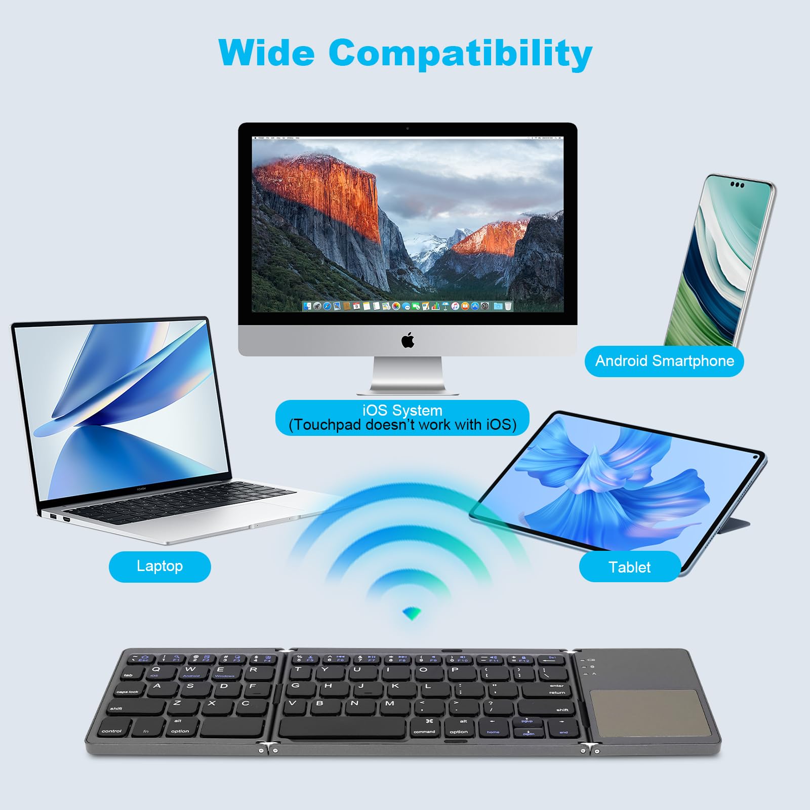Foldable Bluetooth Keyboard with Touchpad - Rechargeable Wireless Mini Keyboard for PC, Tablet, Samsung, Android, iOS, Smartphone (Dark Gray) - Perfect for Travel, Office & Home Use