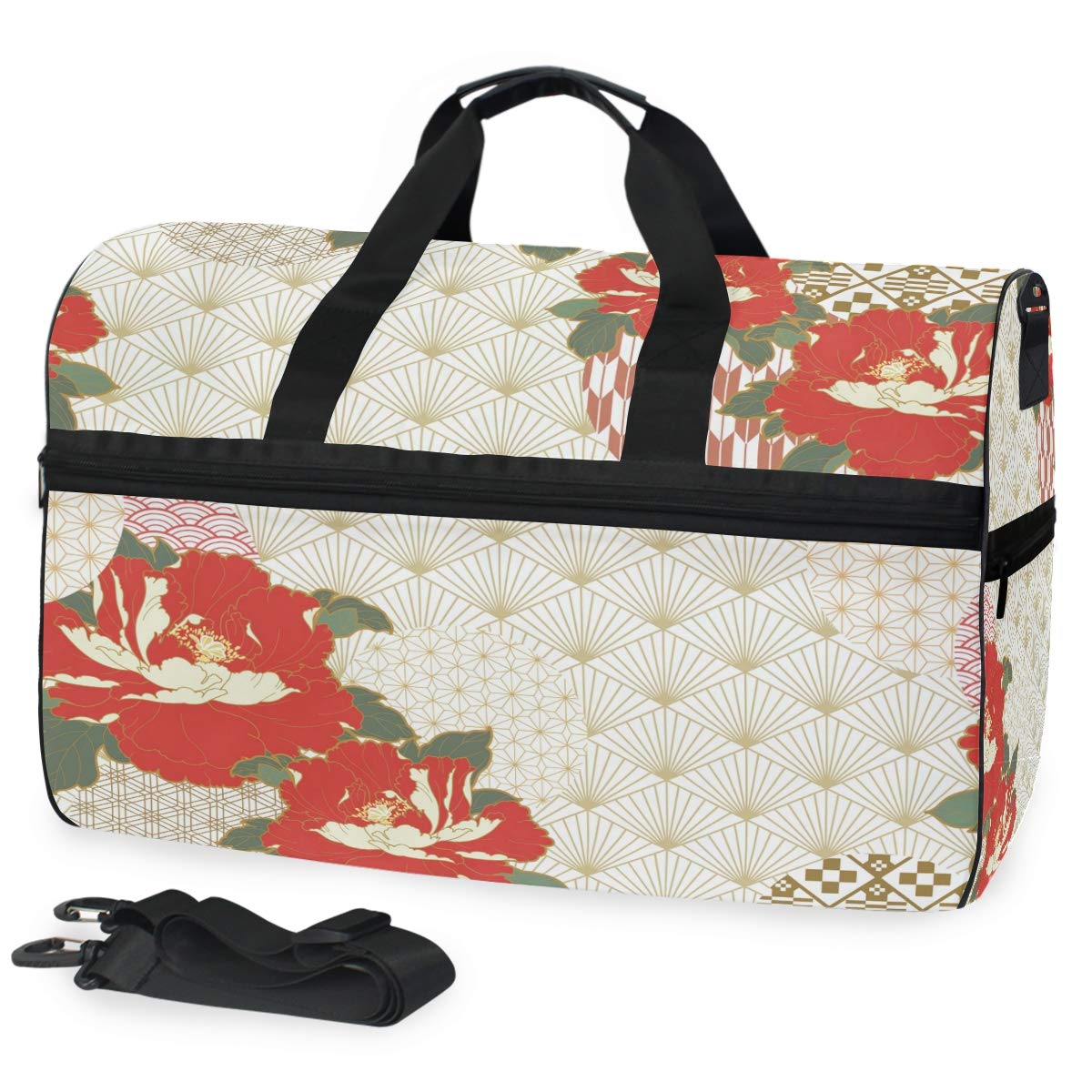 Vintage Japanese Peony Floral Gym Duffel Bag - Large Sports Travel Luggage with Shoe Compartment - Durable Shoulder Handbag for Men & Women - Perfect for Gym, Yoga, Travel & Weekend Getaways