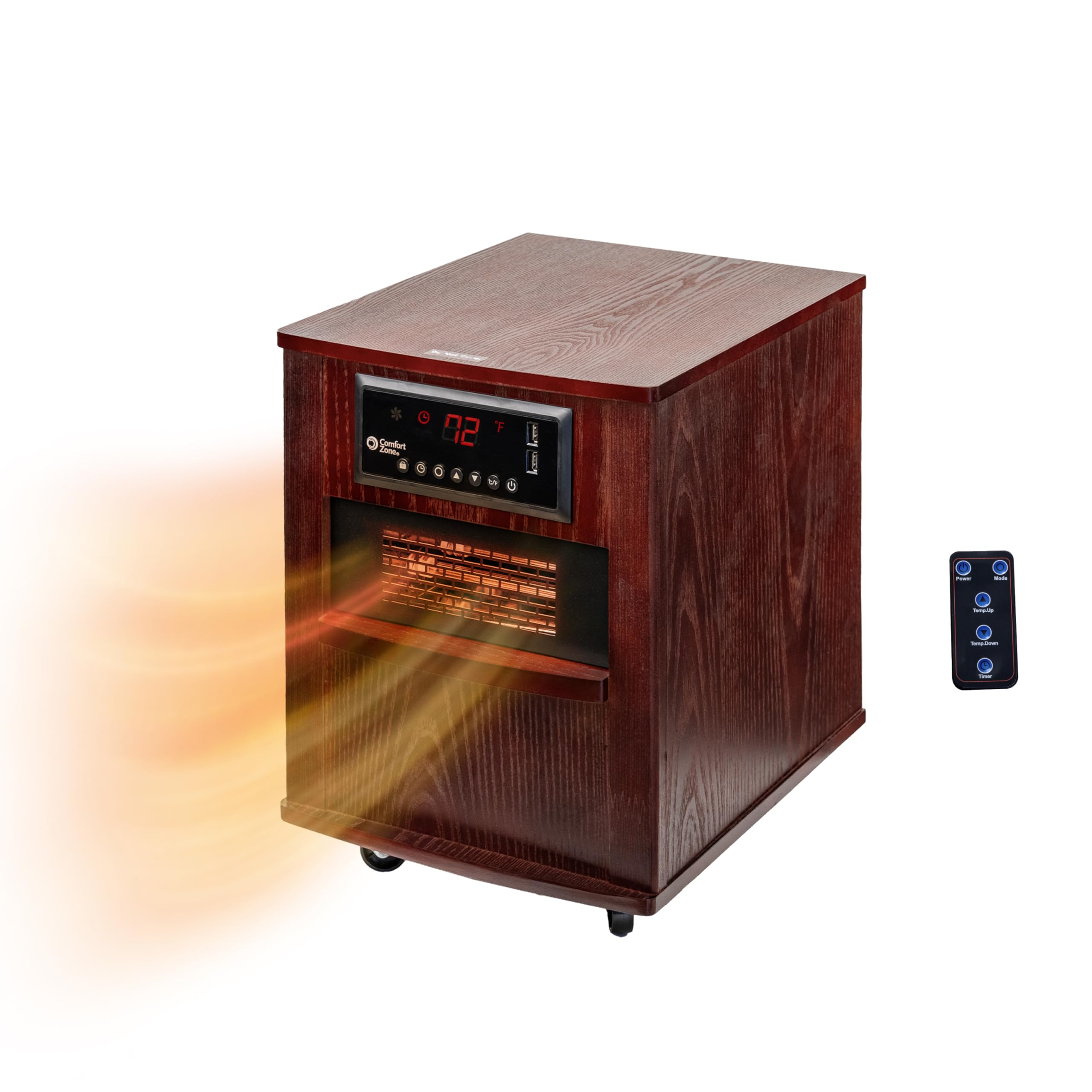 1500W Infrared Quartz Space Heater with Remote, USB Ports & Safety Features - 20 Inch Cabinet Heater for Home, Office & Indoor Use | CZ2062C | Perfect for Bedrooms, Living Rooms & Workspaces