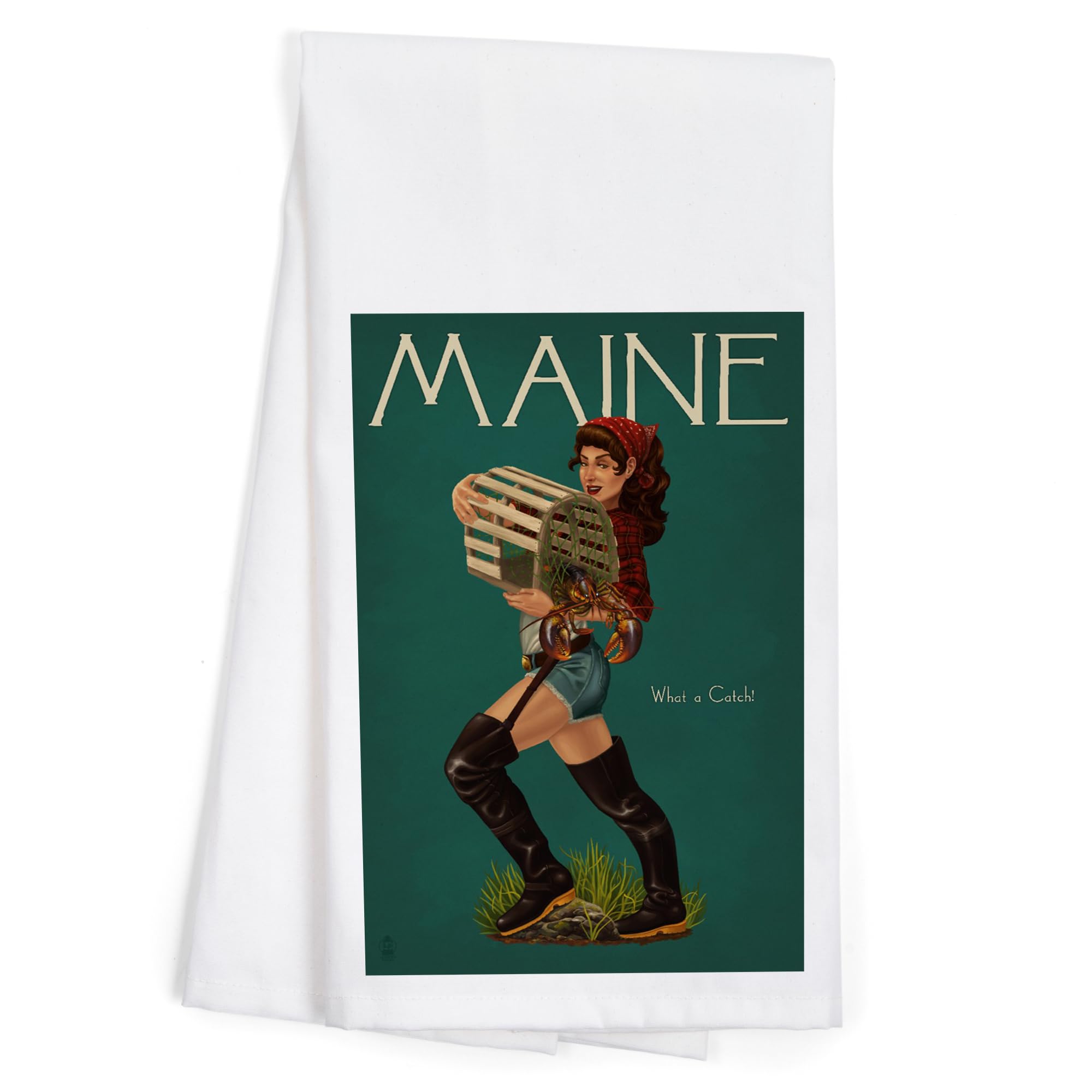 Maine Lobster Fishing Pinup - 100% Cotton Tea Towel, Decorative Hand Towel for Kitchen & Home - Perfect for Coastal Decor, Farmhouse Style, and Nautical Themed Gifts
