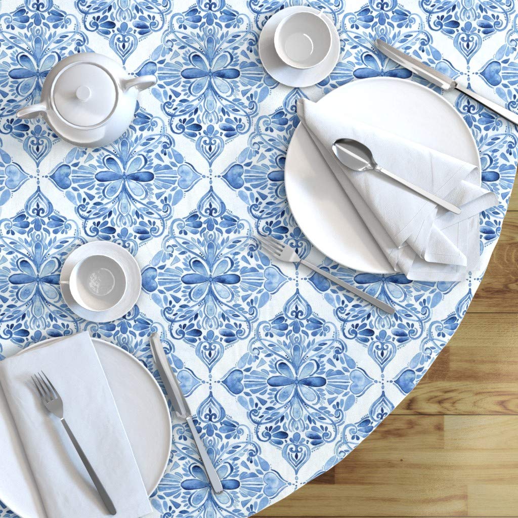 Vintage Blue White Watercolor Doodle Diamond Moroccan Floral Print Cotton Sateen Tablecloth - 70
