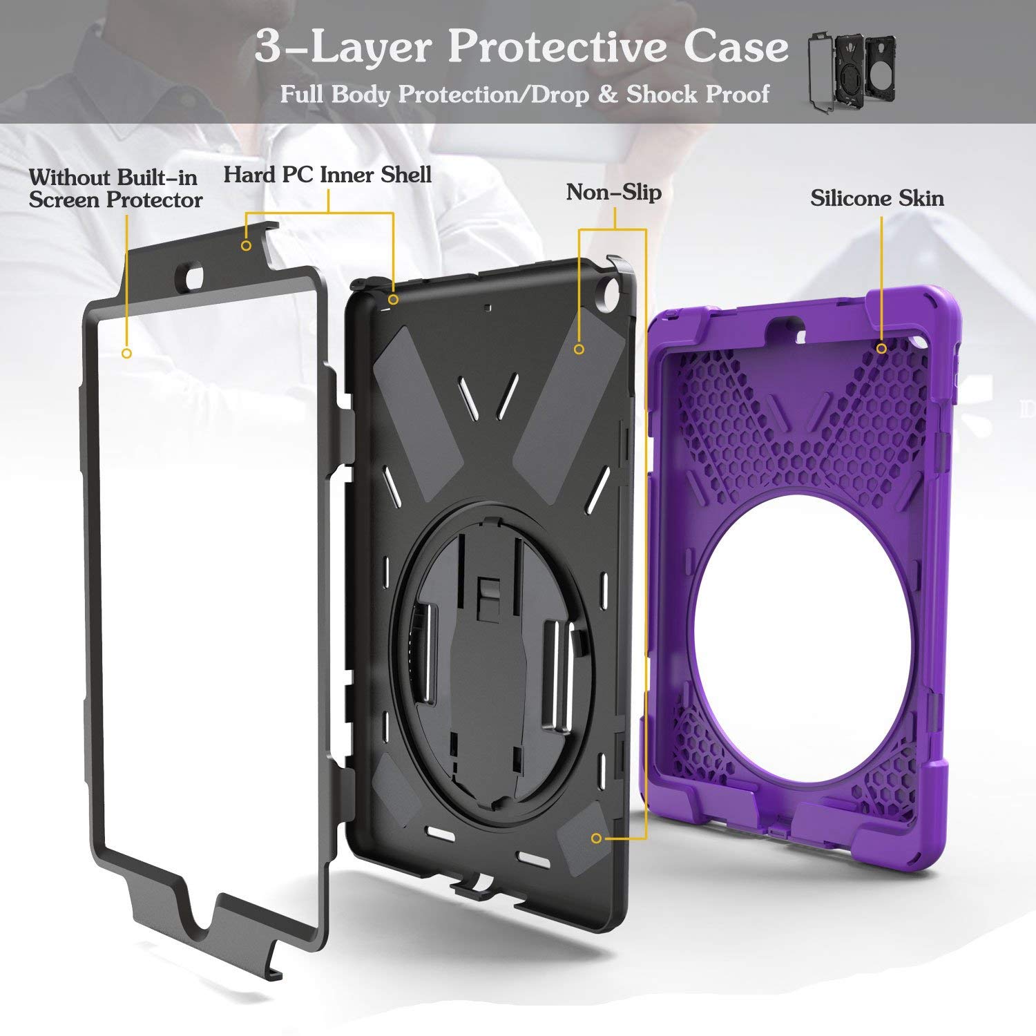Premium Shockproof iPad Air 1st Gen Case (2013 Model A1474/A1475) - 9.7 Inch Rugged Hybrid Cover with Rotating Stand & Adjustable Strap | Perfect for Kids, Students & Travel | Purple Protective Case for School, Home & Outdoor Use
