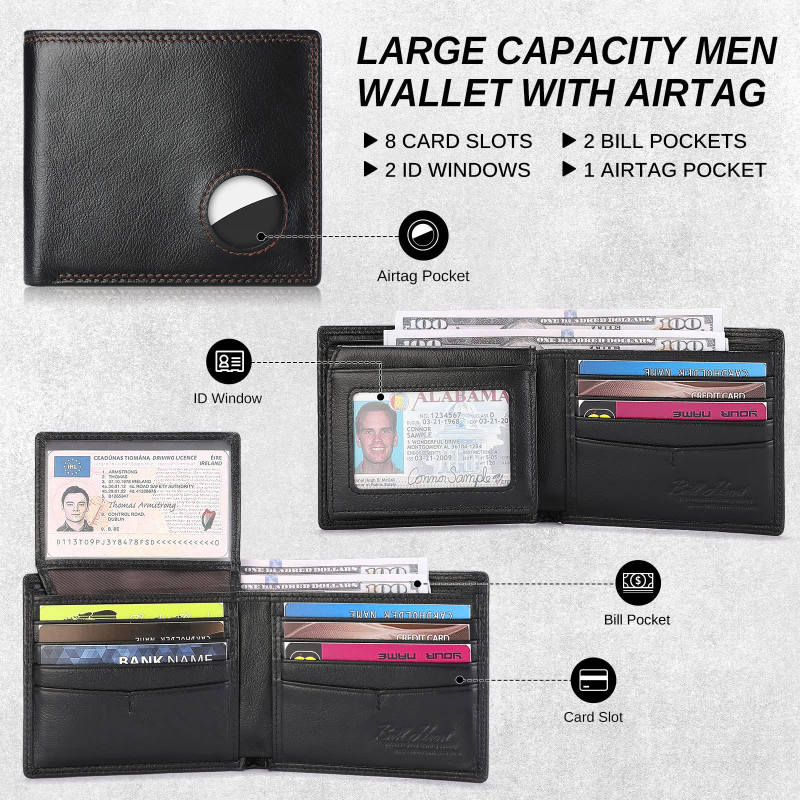 Genuine Leather Bifold Wallet for Men with AirTag Slot - RFID Blocking Wallet with Credit Card Holder | Perfect for Travel, Business & Everyday Use
