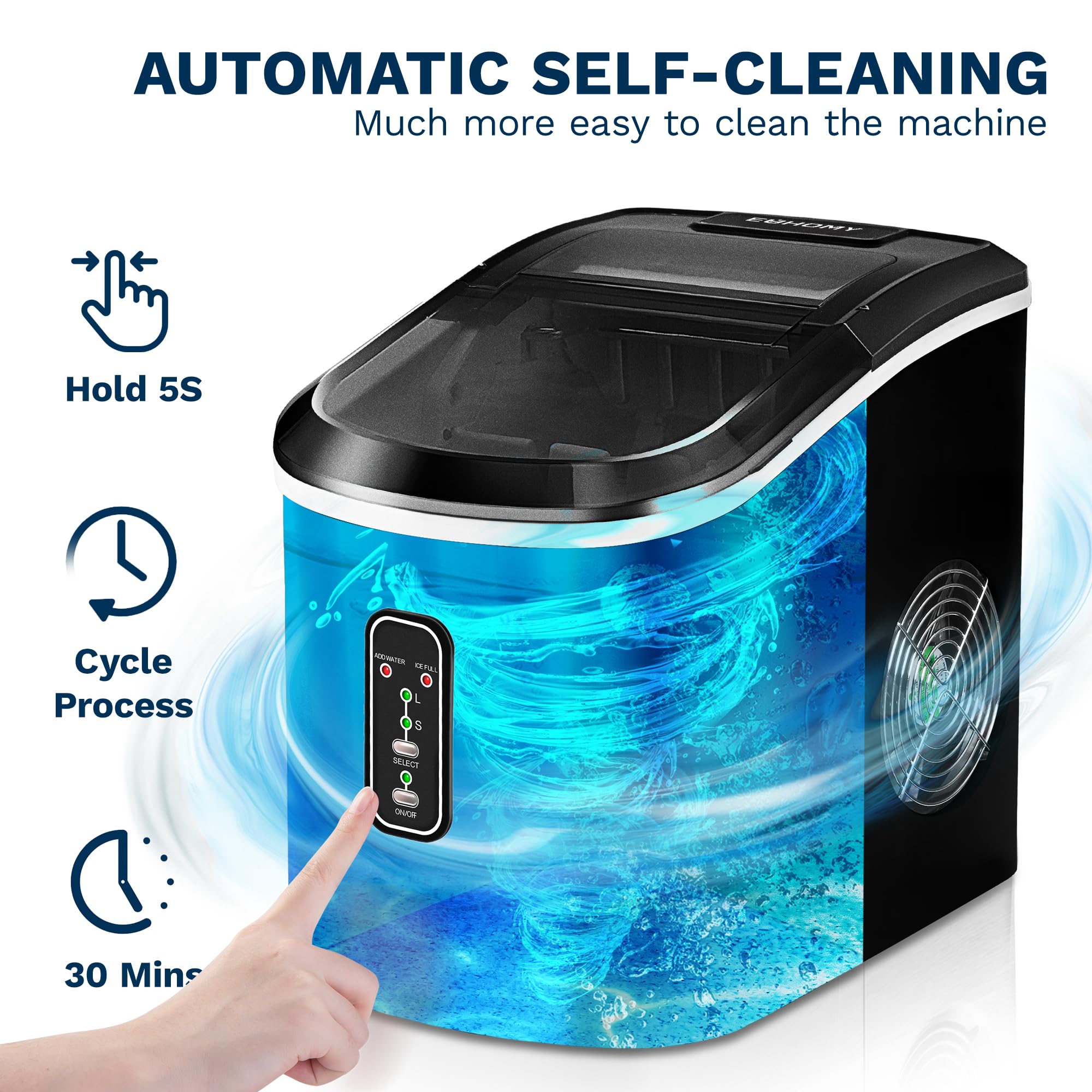Euhomy Portable Countertop Ice Maker Machine - 26 lbs Daily, 9 Cubes in 6 Minutes - Self-Cleaning Compact Electric Ice Maker with Ice Scoop & Basket - Perfect for Home, Kitchen, Office, RV, Parties & Outdoor Use (Black)