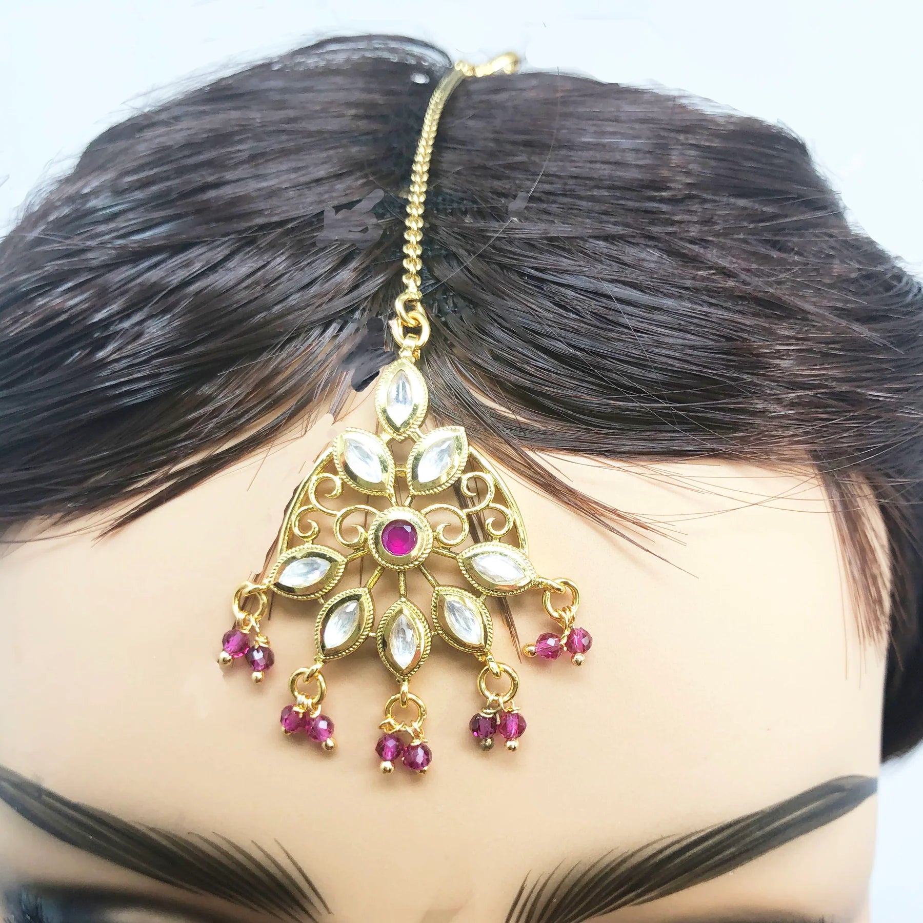 Big Flower Kundan Gold Plated Maang Tika (D2) - Indian Bridal Hair Jewelry for Weddings & Festive Occasions