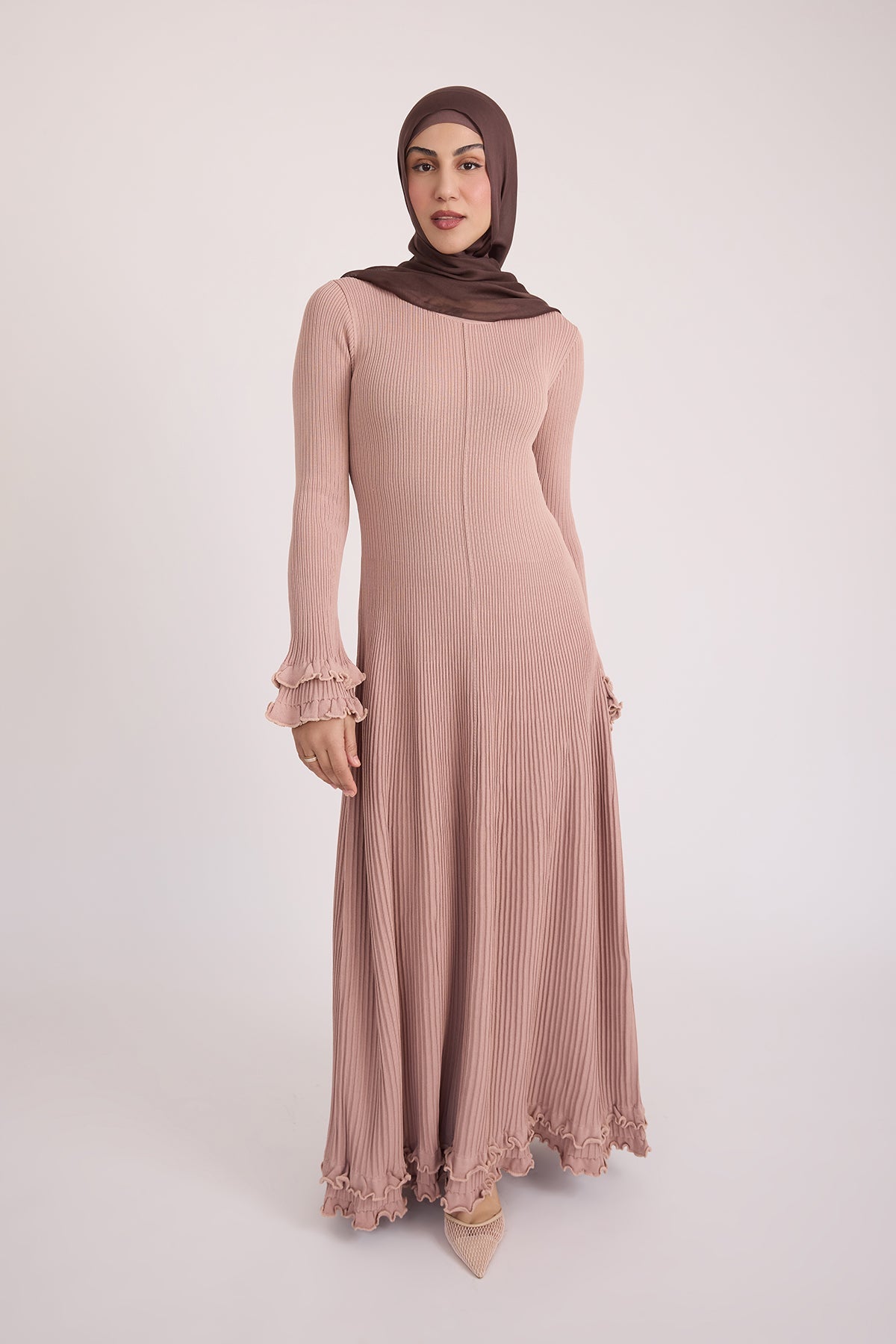 Isadora Ruffle Knit Long Sleeve Maxi Dress in Blush - Elegant Boho Style for Weddings, Parties & Date Nights