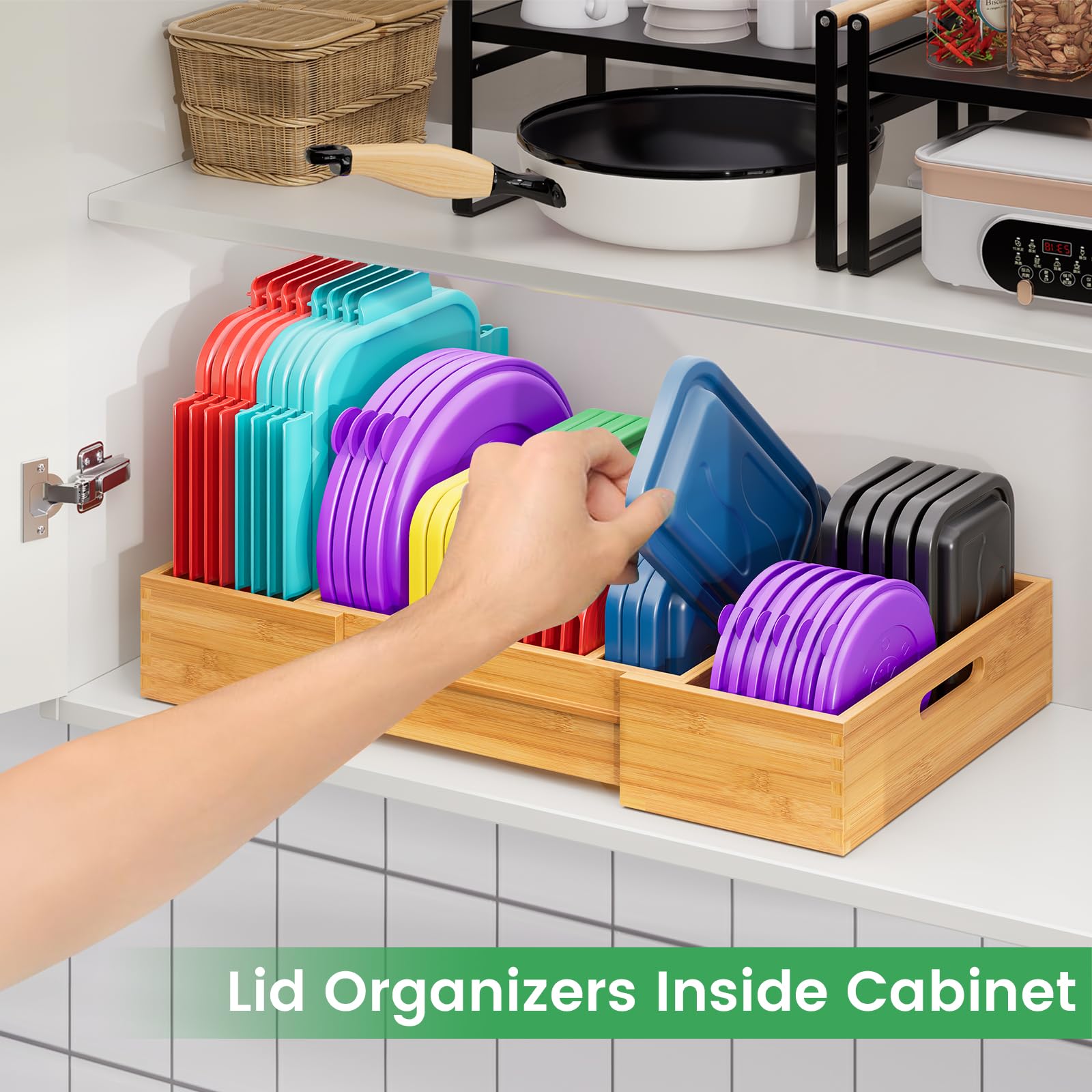 Expandable Bamboo Drawer Organizer for Kitchen Cabinets - Adjustable Lid Storage with 3 Dividers - Plastic Food Container & Tupperware Lid Holder - Perfect for Pantry Organization & Space Saving