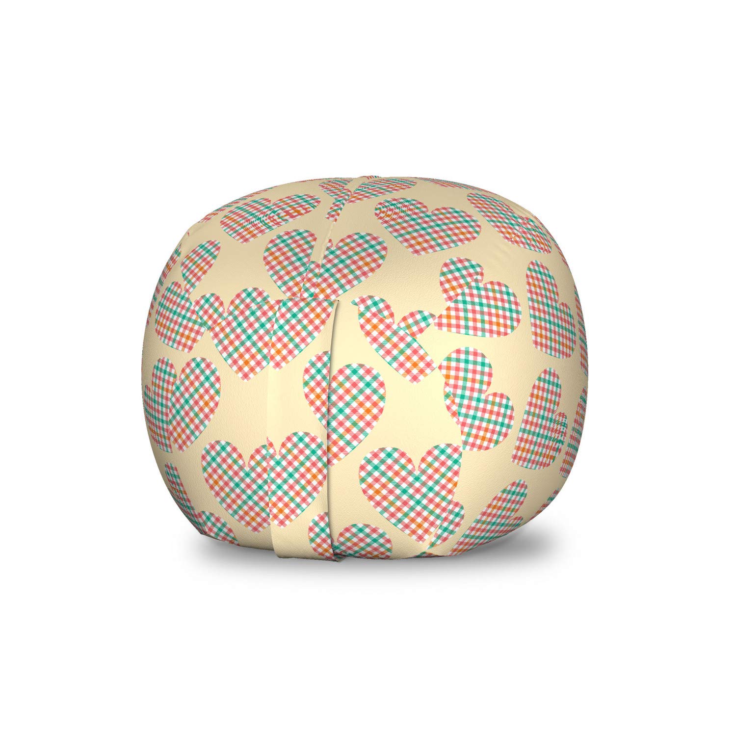 Ambesonne Heart Pattern Toy Storage Bag Chair - Romantic Plaid Design for Valentine's Day, Washable Stuffed Animal Organizer, Small Size Champagne Multicolor - Perfect for Kids' Room, Nursery, or Playroom Organization