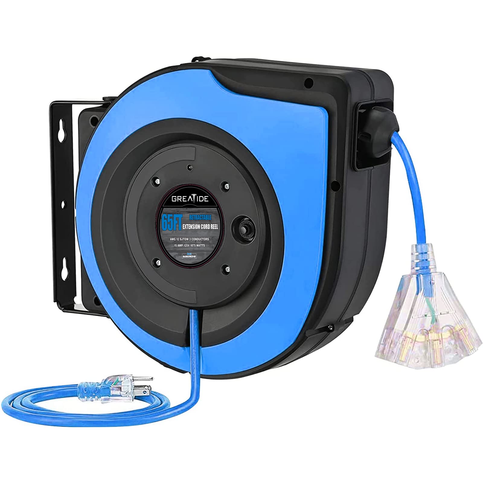 65ft Heavy Duty Retractable Extension Cord Reel - 12 AWG/3C SJTOW Power Cord with 15 AMP Circuit Breaker & 3-Lighted Outlets - Wall/Ceiling Mount for Garage, Workshop, Home & Office - Perfect Gift for Dad, Handymen & DIY Enthusiasts
