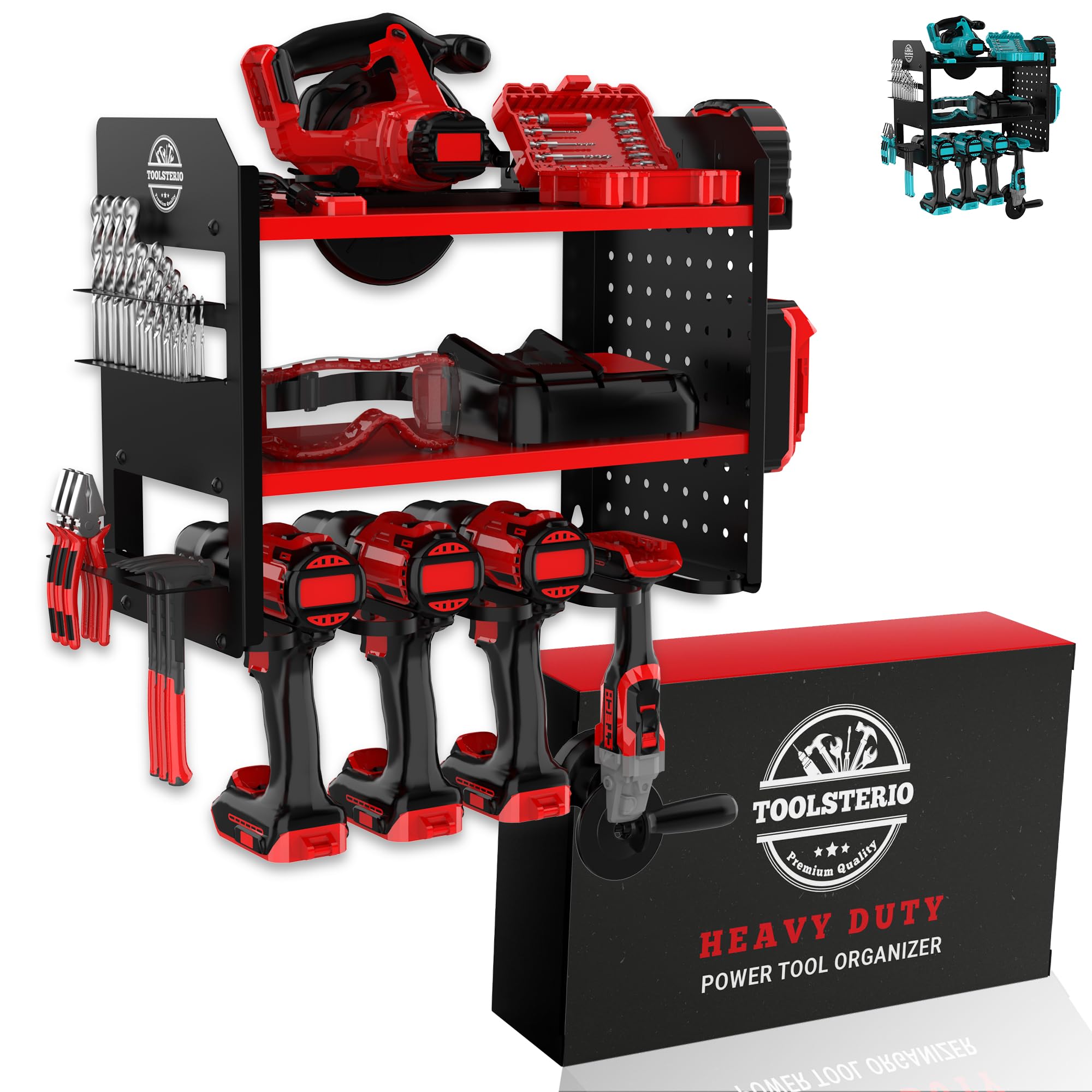 TOOLSTERIO 3-Tier Heavy Duty Metal Power Tool Organizer Wall Mount - Drill Storage Rack for 4 Drills, Cordless Tools & Accessories | Pegboard Mounted Workshop Shelf | Perfect for Garage, Workshop & DIY Projects (Red)