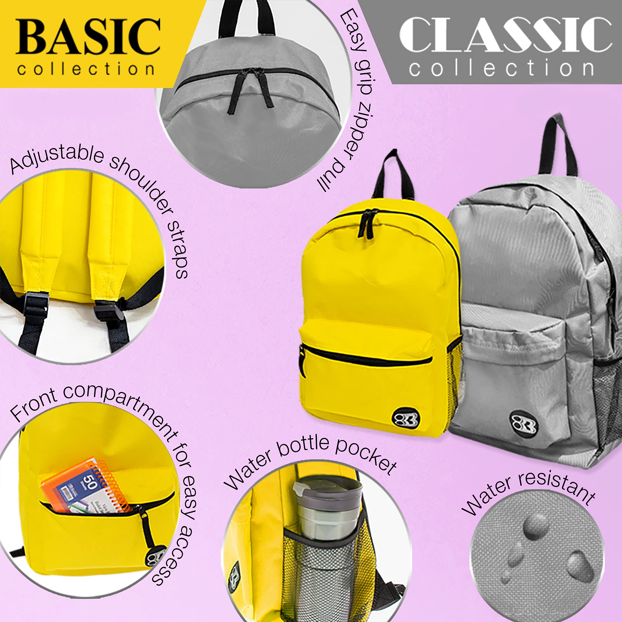 BAZIC 17-Inch Lightweight School Backpack with Padded Back & Adjustable Straps - Gray Student Backpack for High School & College, Travel Daypack Fits A4 Notebooks (12-Pack) - Perfect for Class, Commuting & Weekend Trips