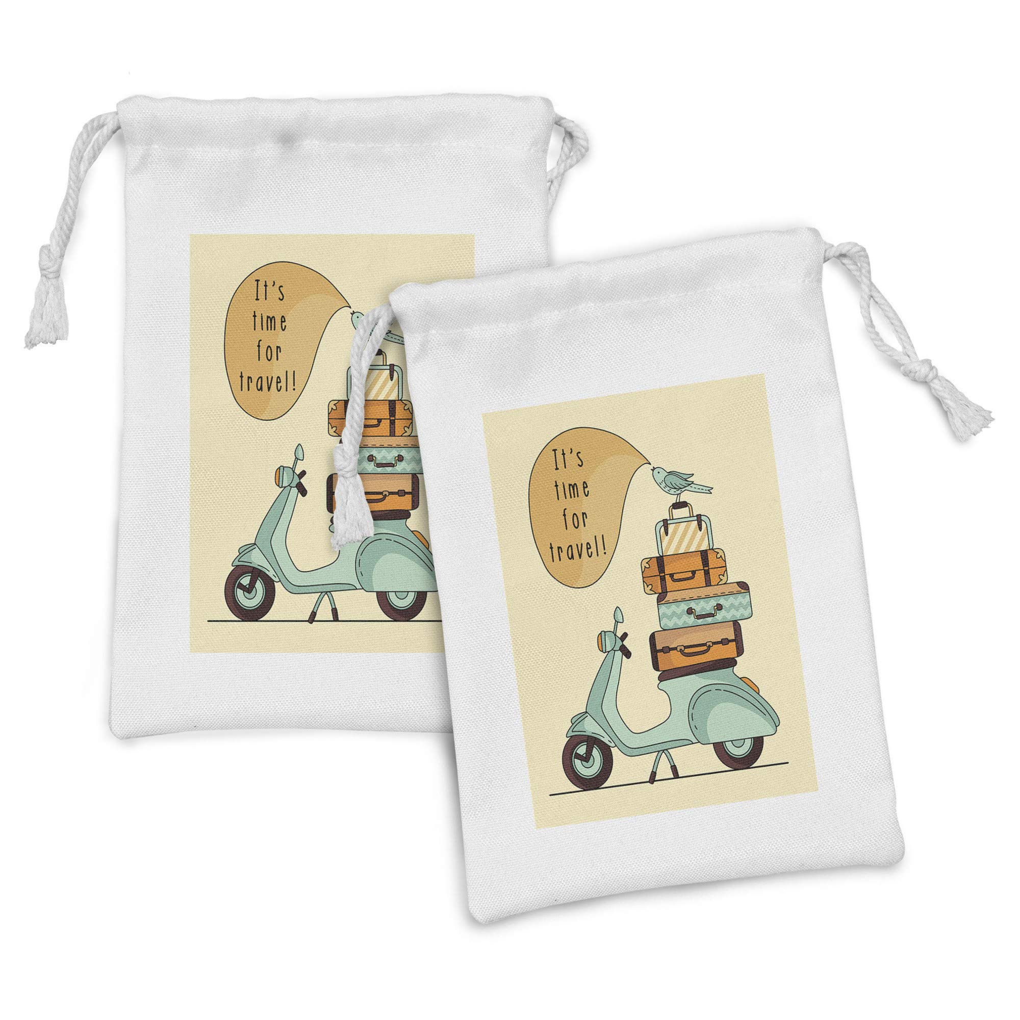 Ambesonne Vacation Fabric Pouch Set of 2 - Travel Scooter Bird & Baggage Holiday Print Drawstring Bags (9