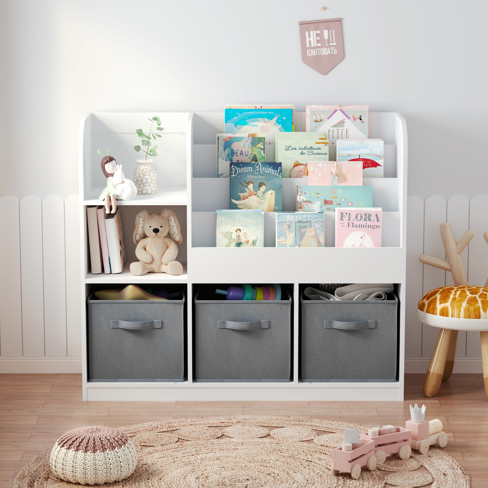 CCKO Kids Bookcase with 3 Movable Fabric Drawers - Multifunctional Bookshelf & Toy Storage Organizer for Nursery, Playroom, Bedroom - White/Gray Display Shelf for Books, Toys & Room Decor