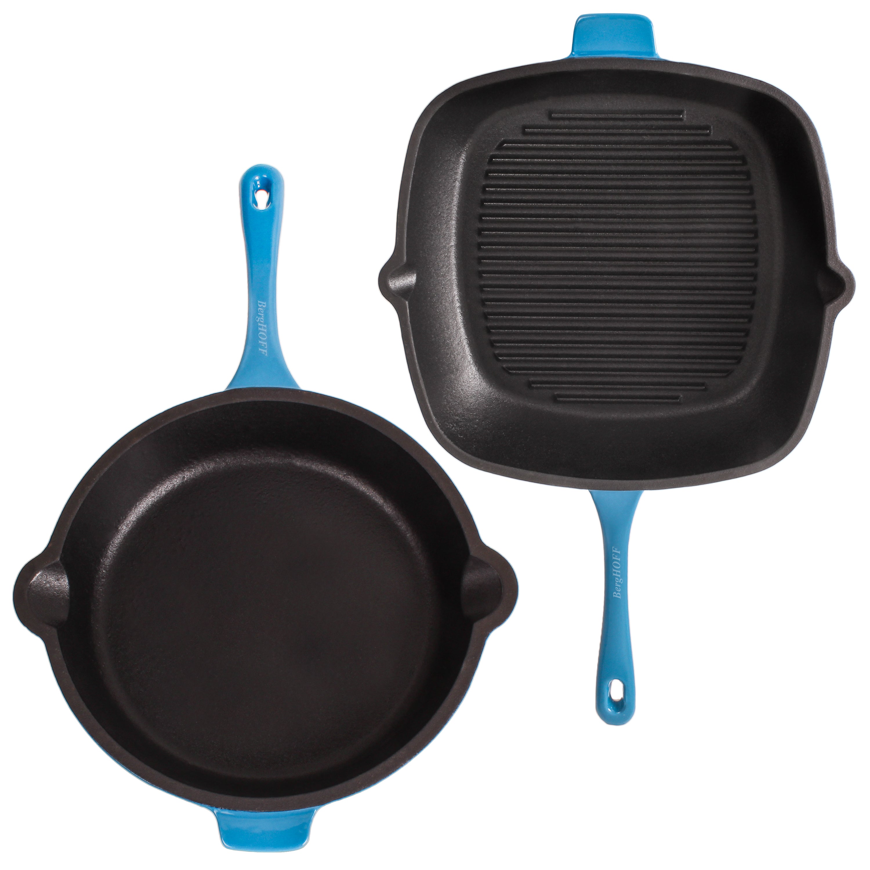BergHOFF Neo 3-Piece Cast Iron Cookware Set - Blue Frying Pan, Grill Pan & Slotted Steak Press | Heavy Duty Nonstick Skillet for Stovetop, Oven & Outdoor Cooking | Perfect for Grilling, Searing & Pan-Frying Steaks, Burgers & Vegetables