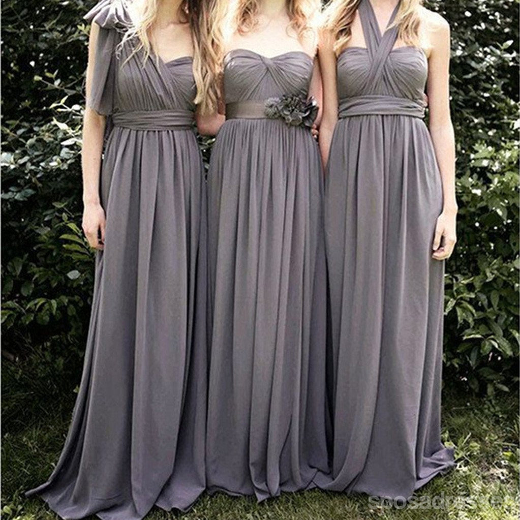 Junior Convertible Chiffon Gray A-Line Long Bridesmaid Dresses for Wedding Party - WG111 | Elegant & Affordable Formal Gowns for Bridesmaids, Prom, Evening Events