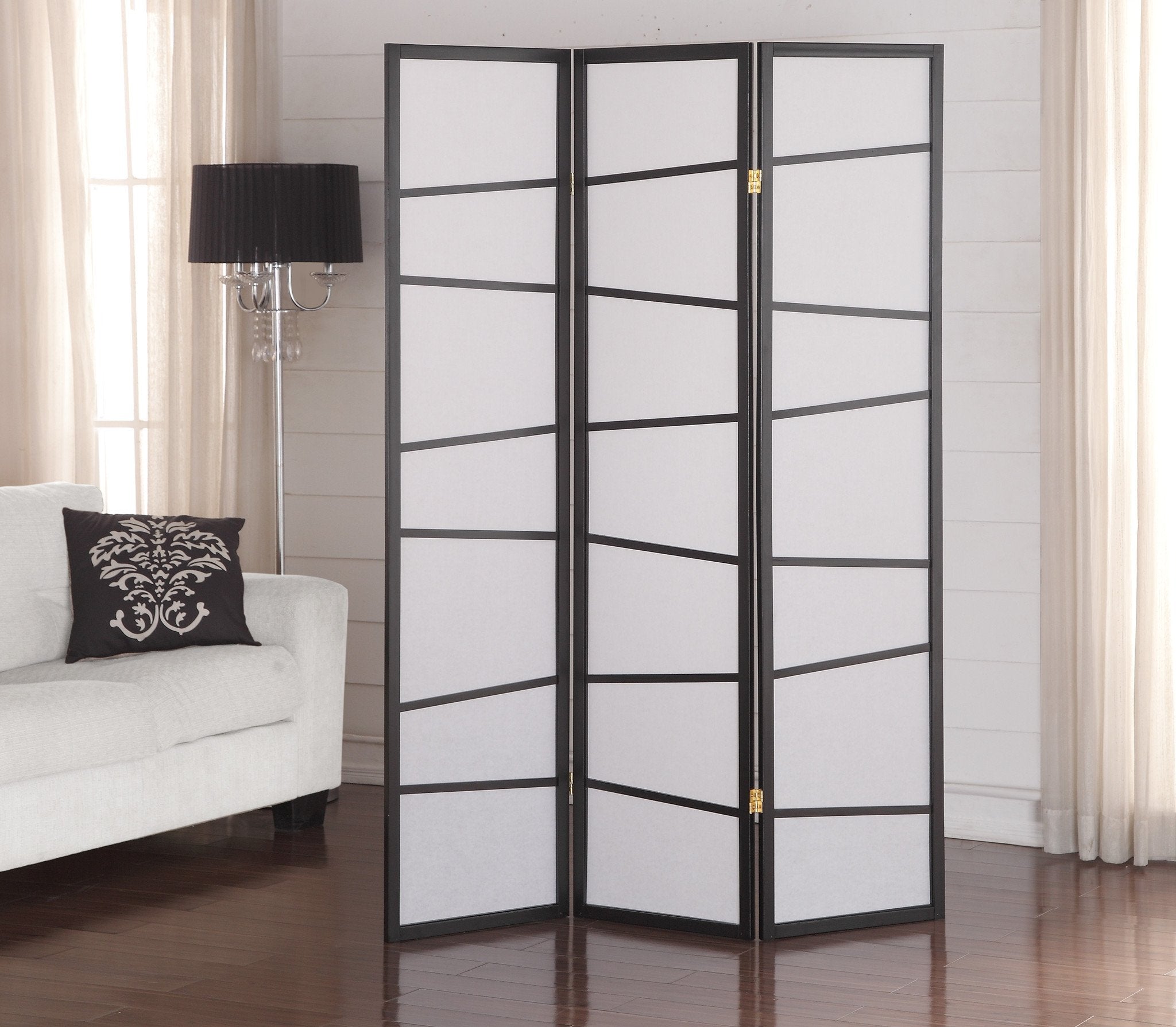 Roundhill Furniture 3-Panel Room Divider Screen - Black Folding Privacy Partition for Home, Office & Studio Decor | Space Separator for Bedroom, Living Room & Workspace