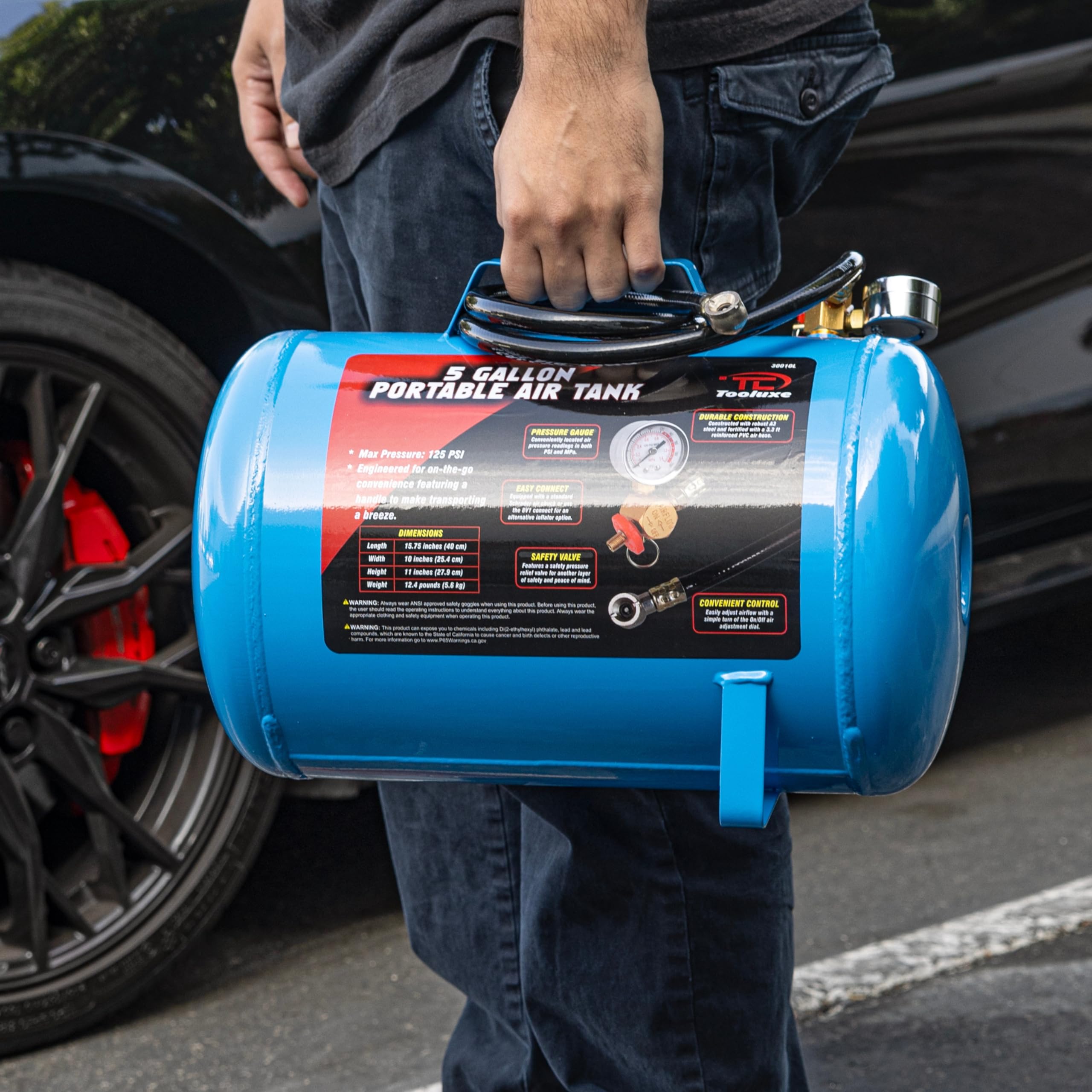 5 Gallon (30010L) Portable Air Tank with 125 PSI Max Pressure - Horizontal Air Compressor Tank with 1/4