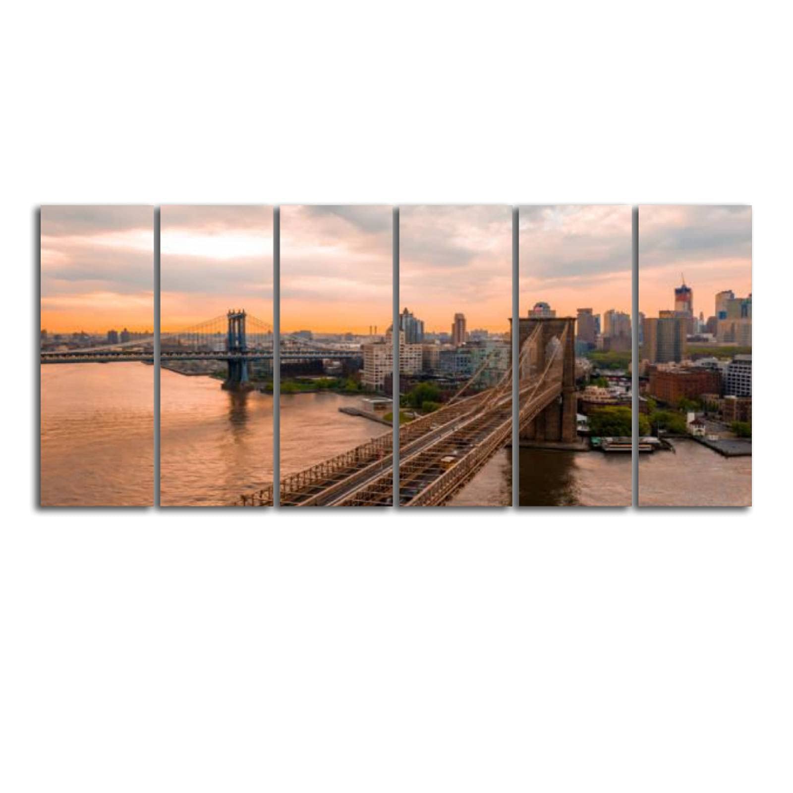 New York City Wall Art - Aerial View Manhattan Bridge Canvas Print | Modern Boho Home Decor for Living Room & Dining Room | Extra Large 6-Panel Cityscape Skyline Landscape Artwork | Ready to Hang | Perfect for Urban Loft, Office or Apartment Decor