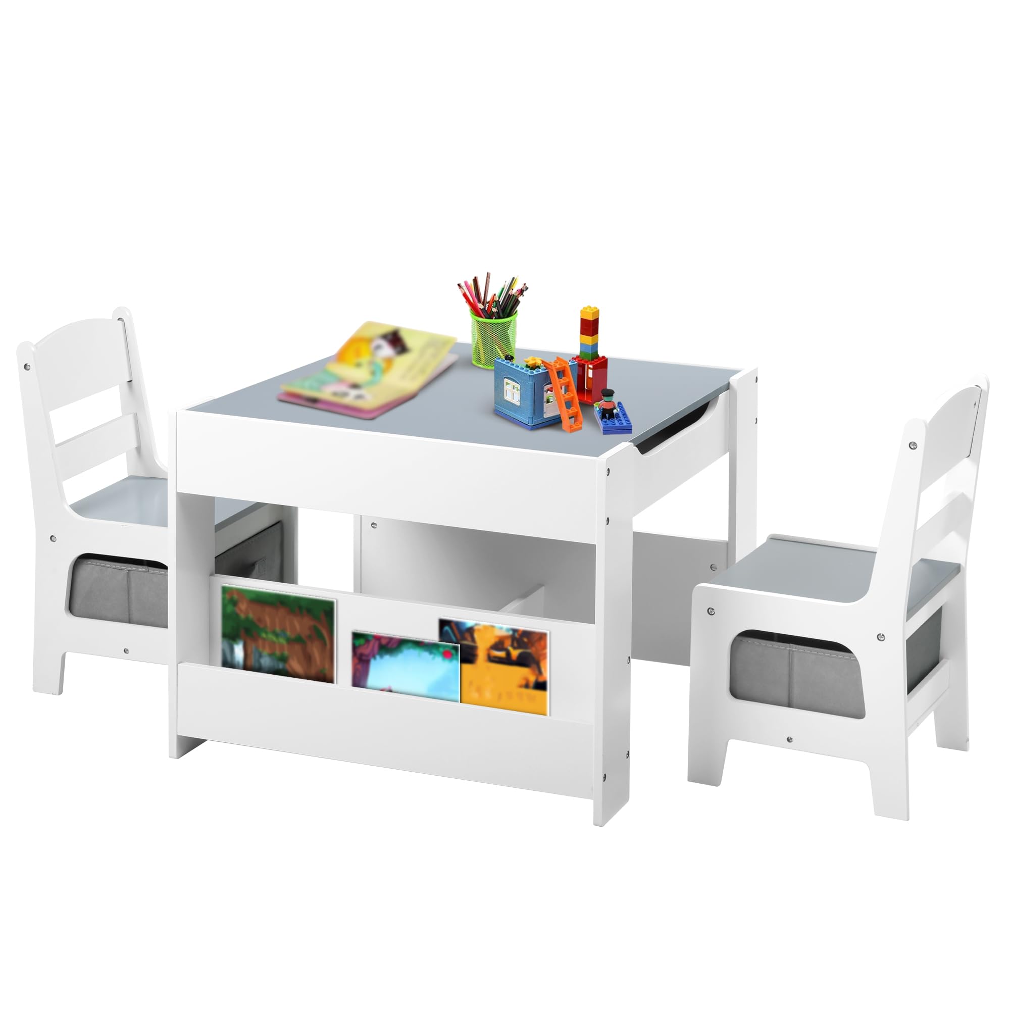 Kinder King 4-in-1 Kids Wooden Activity Table & 2 Chairs Set with Bookcase & Blackboard - Toddler Learning Furniture for Art, Crafts, Drawing, Reading - Perfect for Playroom, Preschool & Homeschool (Grey)