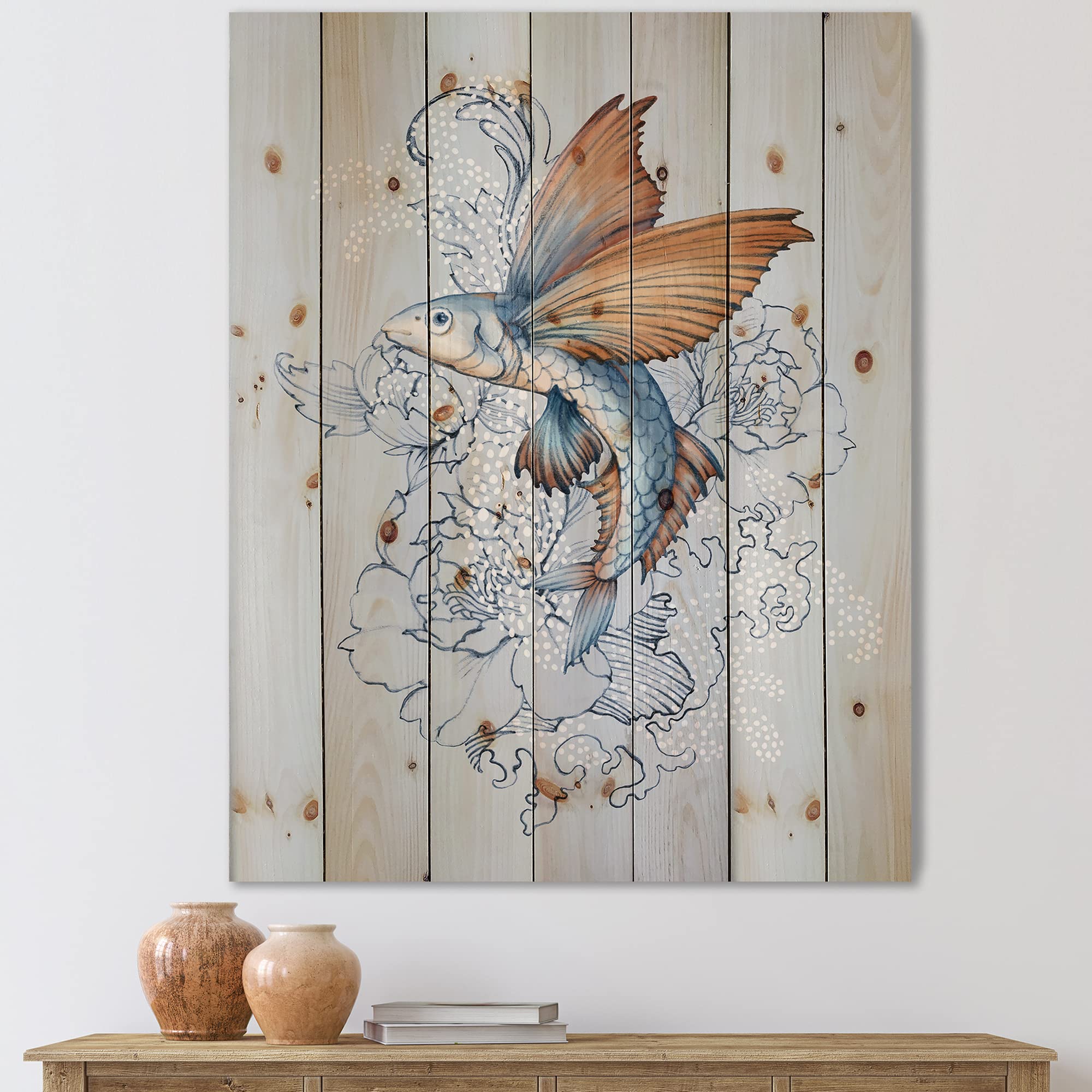 DesignQ Flying Fish On Peonies Traditional Blue Wood Wall Art - Handcrafted Pine Wood Wall Decor with Large Animal Prints - Perfect for Living Room, Bedroom & Office Decoration