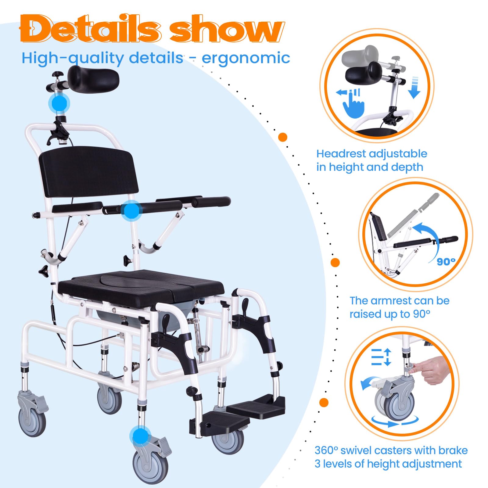 Adjustable Reclining Shower Chair with Soft Cushion & Wheels - 45° Tilt Shower Wheelchair with Commode - Elderly & Disabled Bath Safety - Ideal for Seniors, Post-Surgery Recovery & Home Care Use