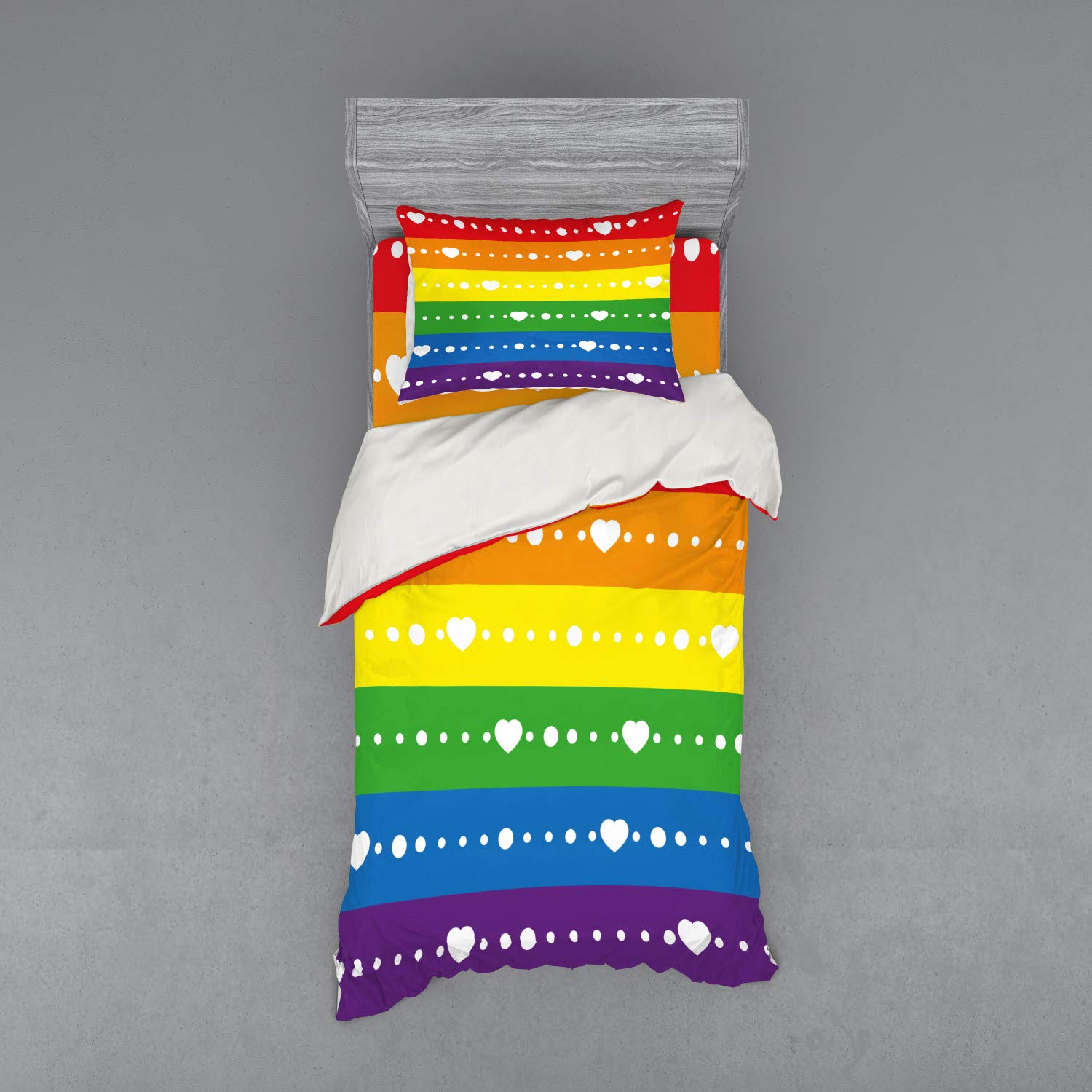 Ambesonne Pride Duvet Cover Set - Horizontal Striped LGBTQ+ Flag Design with Rainbow Colors & Heart Dots | 3-Piece Twin Size Bedding Set (Duvet Cover, Pillow Sham, Fitted Sheet) | Perfect for Pride Month, LGBTQ+ Themed Bedrooms & Rainbow Decor
