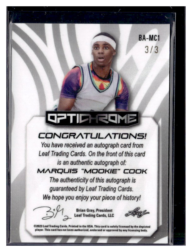 2022 Leaf Optichrome Basketball Marquis Mookie Cook Autograph Card #BA MC1 /3 - Rare Collectible for Sports Memorabilia Enthusiasts & Card Investors