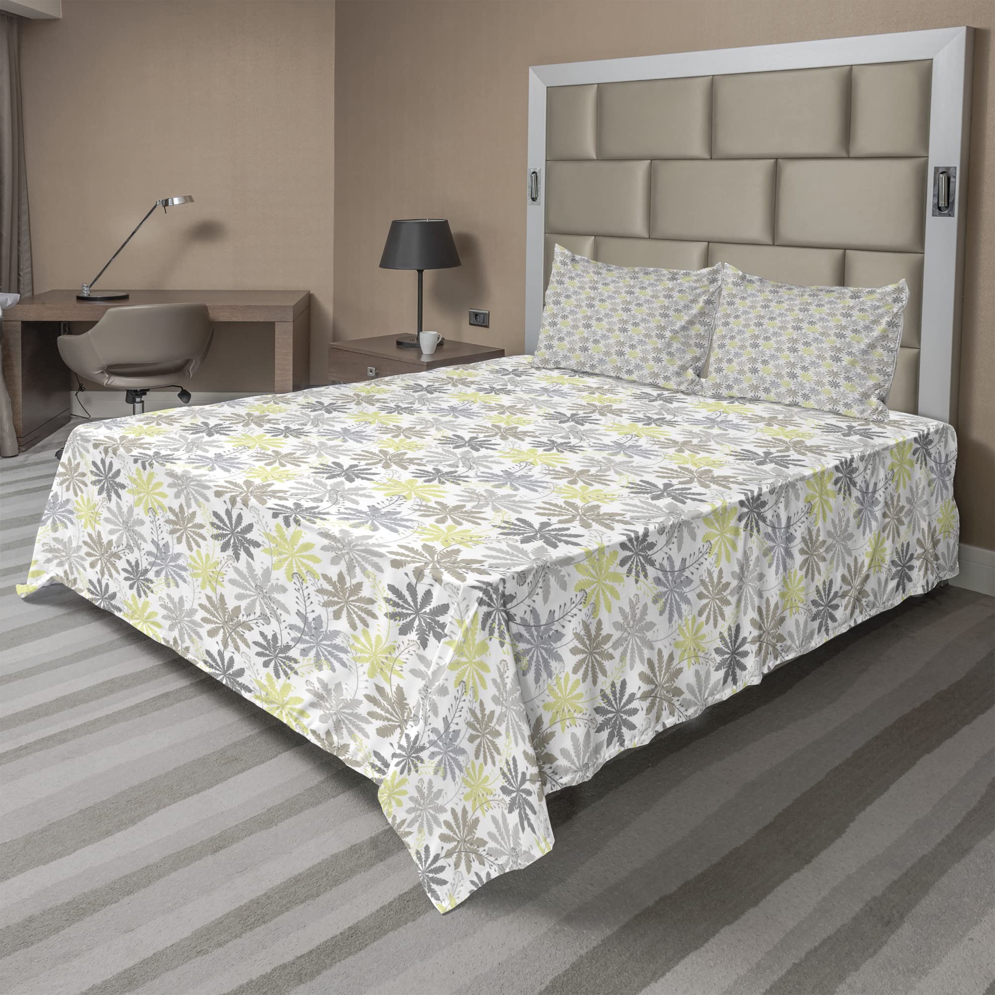 Ambesonne Floral Sheet Set - Shepherd's Purse Silhouette Design in Soft Pastel Colors | 4-Piece King Size Bedding Set with Fitted Sheet, Flat Sheet & Pillowcases | Dust Dimgray | Perfect for Master Bedroom, Guest Room & Cozy Home Decor