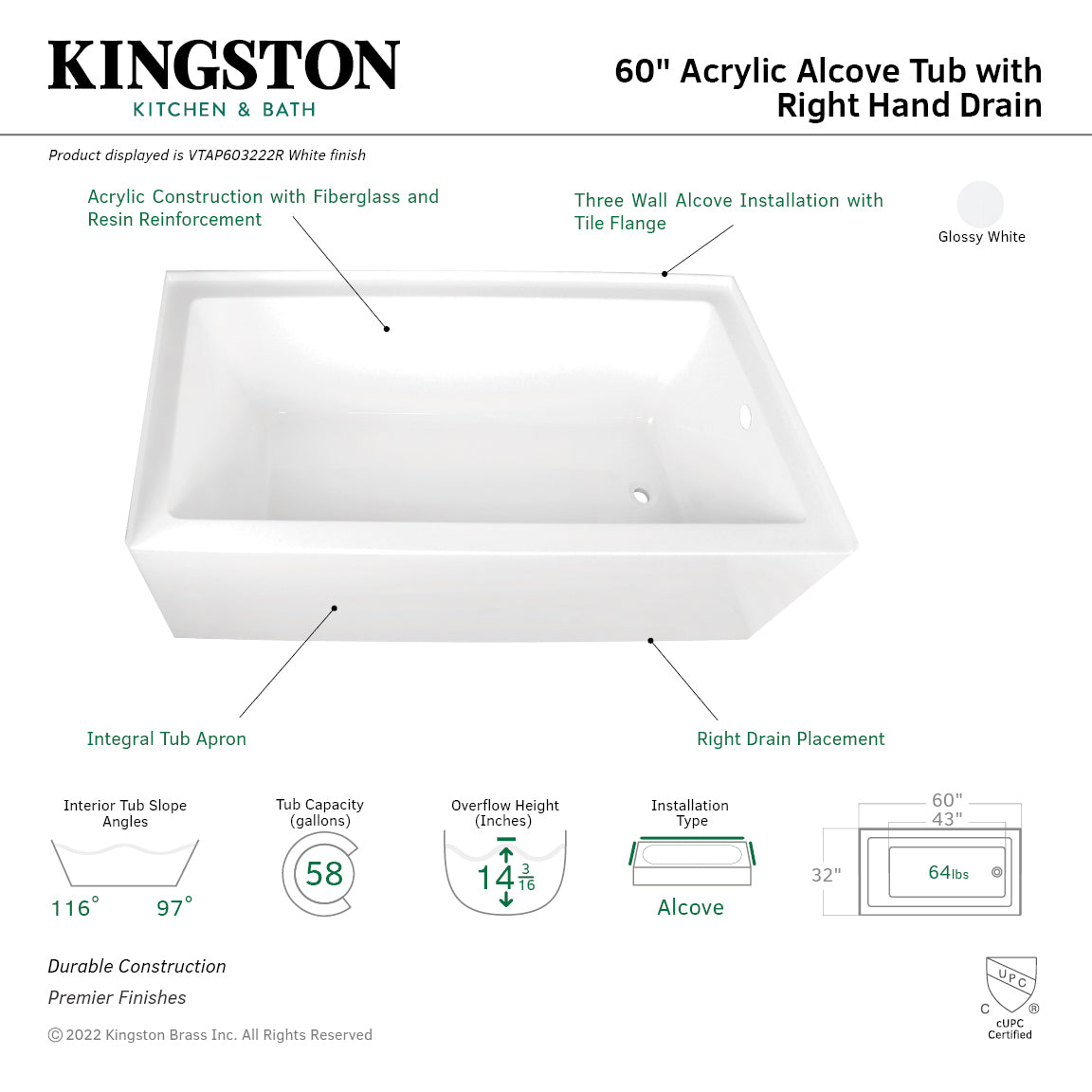 Aqua Eden VTAP603222R 60-Inch Acrylic Rectangular 3-Wall Alcove Bathtub - Right Hand Drain Hole, Glossy White - Perfect for Modern Bathroom Renovation & Spa-Like Relaxation