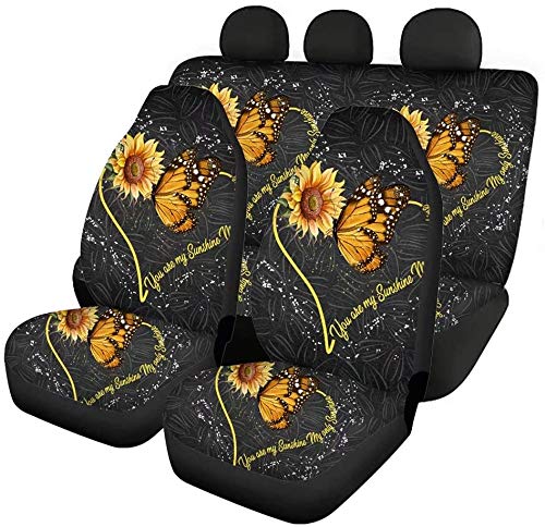 BIGCARJOB Fashion Sunflower & Butterfly Printed Car Seat Covers - Full Set Airbag Compatible Split Bench Cover | Elastic Flat Cloth Auto Seat Protectors for Cars, SUVs & Trucks | Perfect for Road Trips, Daily Commute & Interior Decoration