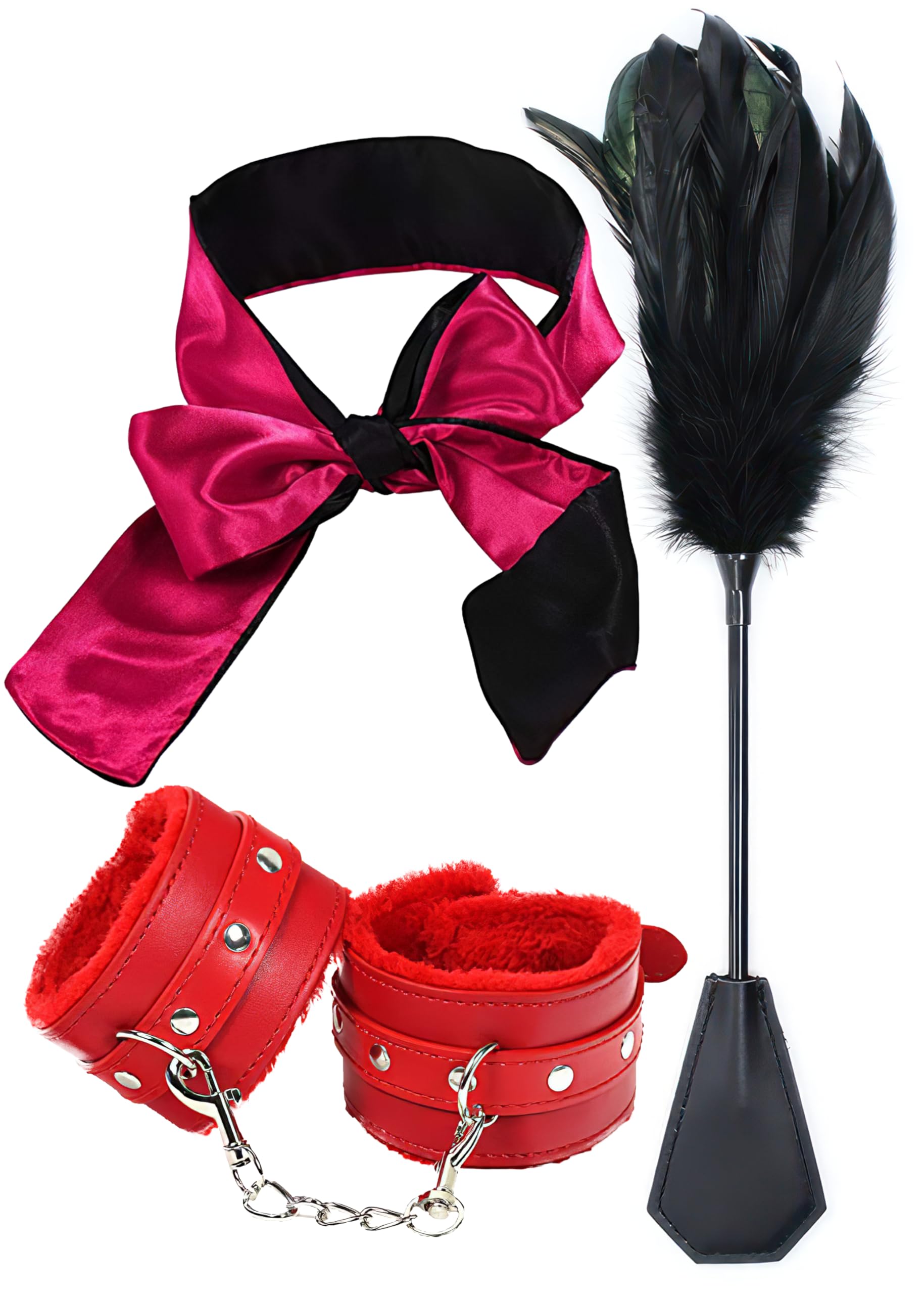 Feather Tickler Blindfold Mask with Adjustable Handcuffs - Soft Fluffy BDSM Starter Kit for Couples - Sensual Fetish Toys for Romantic Play & Spicing Up Your Intimate Moments