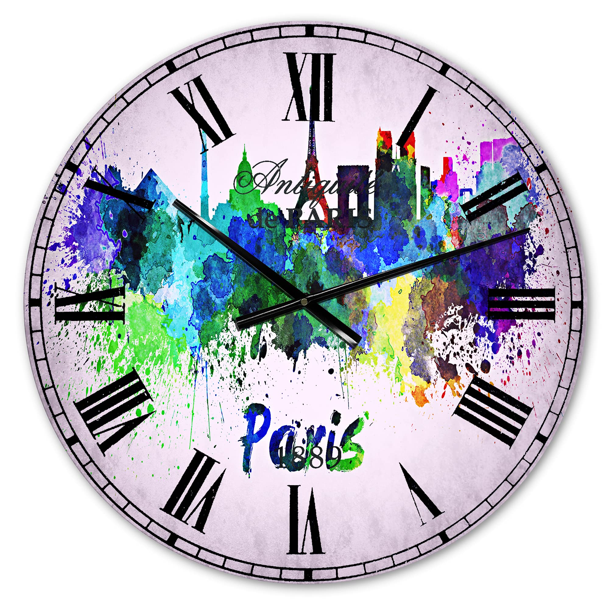 French Country Wall Clock 'Paris Skyline' - Purple Round Vintage Wall Clock for Living Room, Bedroom & Kitchen Decor | Perfect for Farmhouse, Cottage & Rustic Home Décor