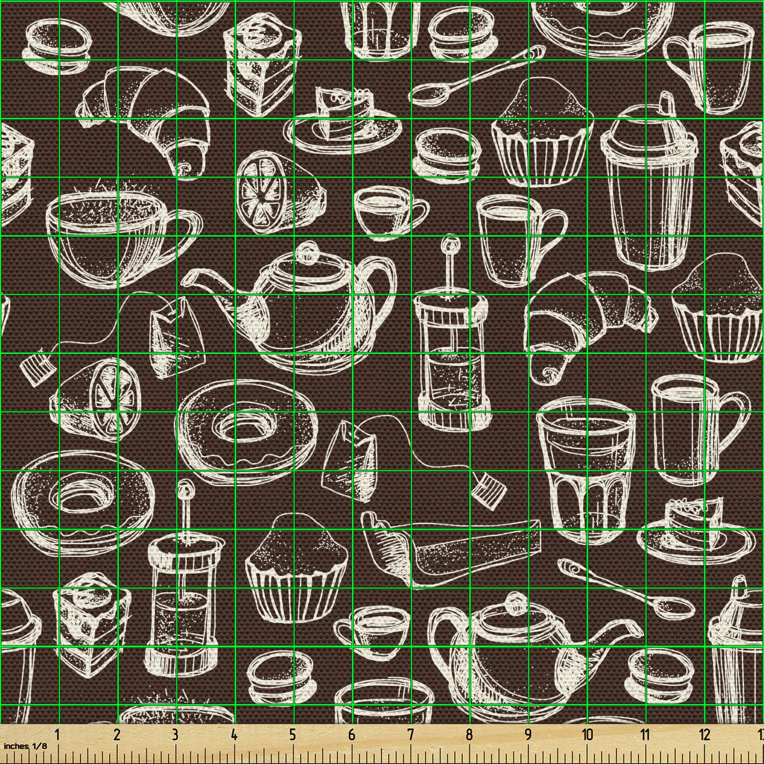 Ambesonne Brown and White Fabric by The Yard - Hand Drawn Coffee, Tea Cups, Donuts & Sweets Pattern - Decorative Upholstery & Home Accent Fabric - 10 Yards - Dark Brown & White - Perfect for DIY Projects, Curtains, Pillows & Table Runners