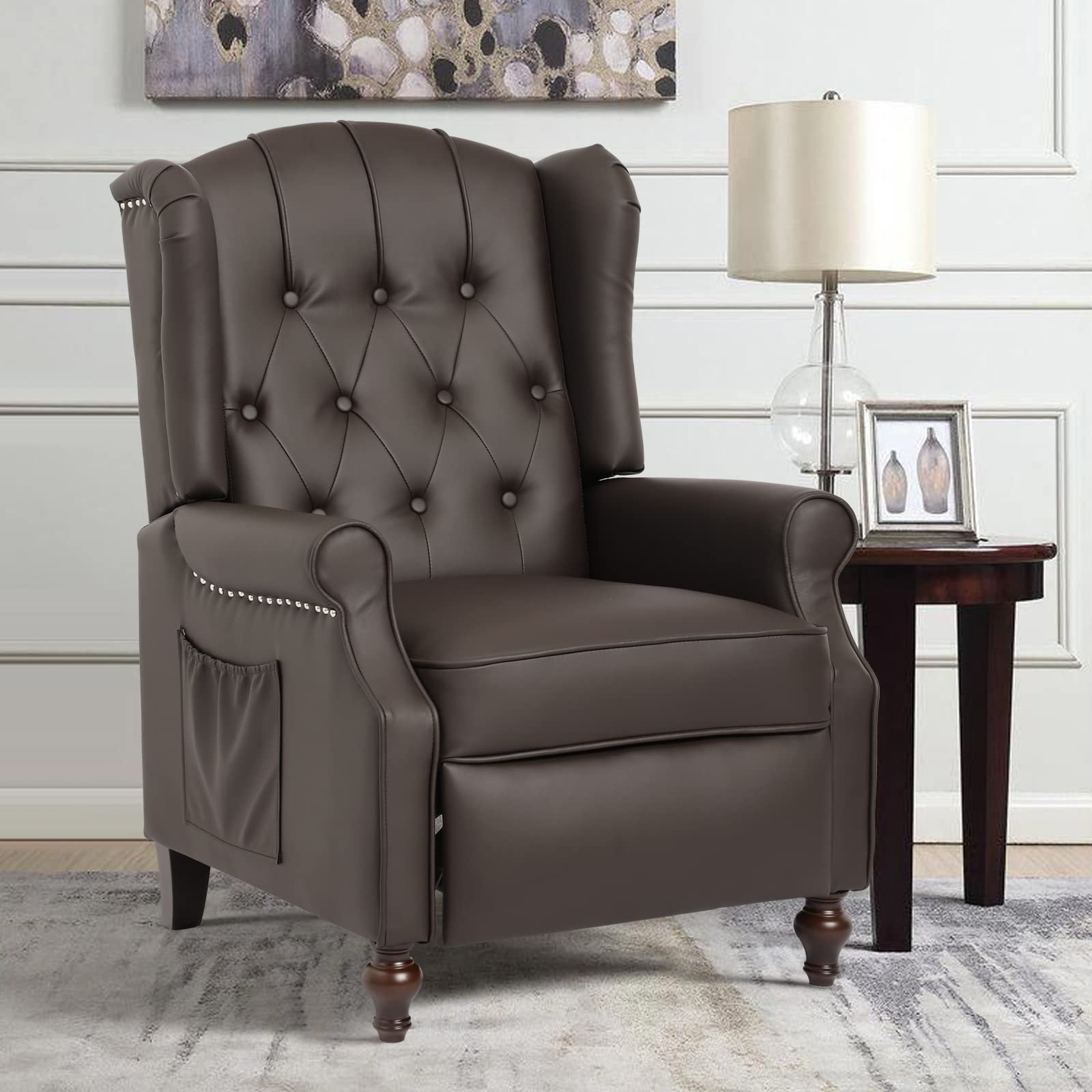 Elizabeth Vintage Style Wingback Recliner Chair - Tufted Upholstered Club Chair with Vibration Massage, Heating & Side Pockets | PU Leather Brown Living Room Accent Chair for Relaxation & Home Theater