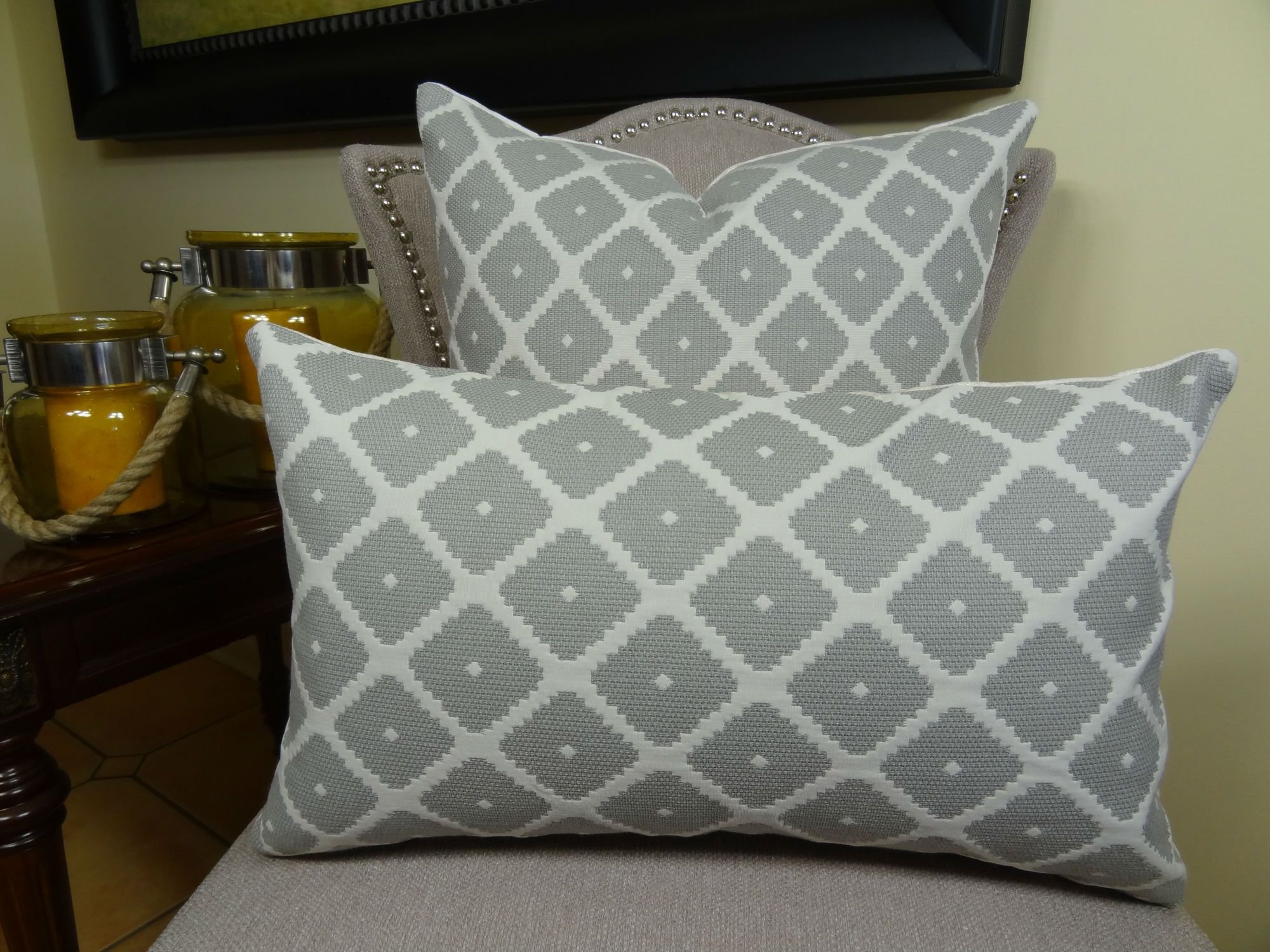 Modern Geometric Decorative Throw Pillow - Grey & White Designer Accent Cushion for Sofa, Bed, Living Room - Made in USA (11196)