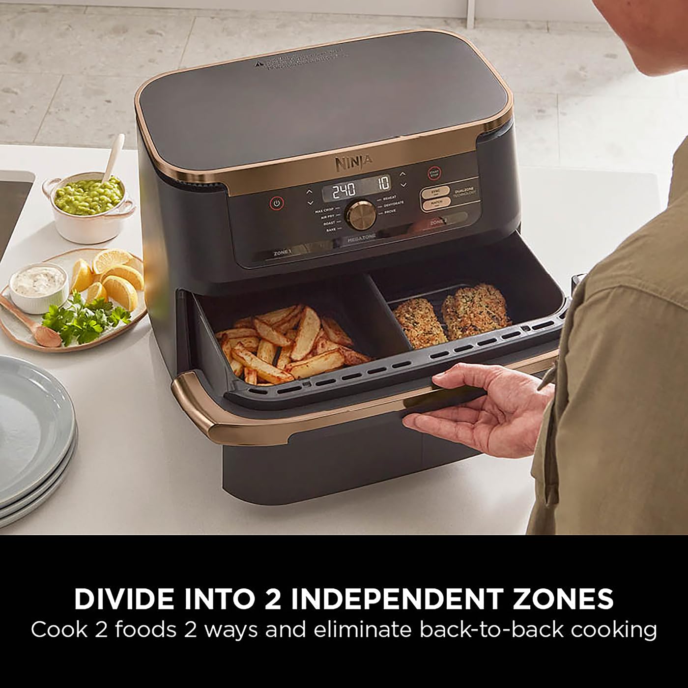 Ninja Foodi FlexDrawer Air Fryer - Dual Zone 10.4L Large Capacity with Removable Divider | 7-in-1 Multi Cooker for Air Frying, Roasting, Baking & Crisping | Non-Stick Dishwasher Safe Parts (Black/Copper) | Perfect for Family Dinners, Meal Prep & Healthy Cooking