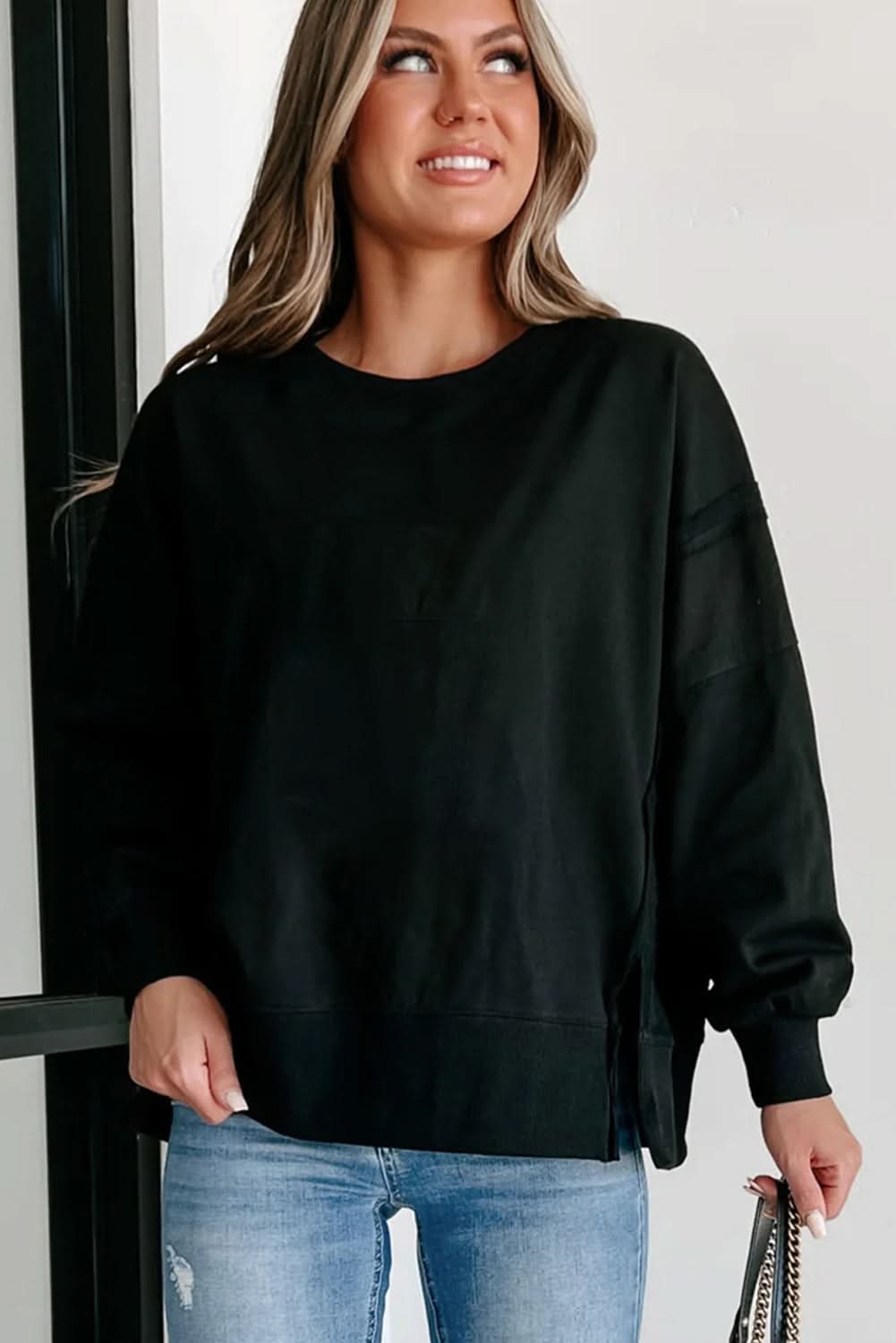 Stylish Black Drop Shoulder Sweatshirt for Women - Trendy Oversized Pullover for Casual Wear, Lounge & Street Style Fashion