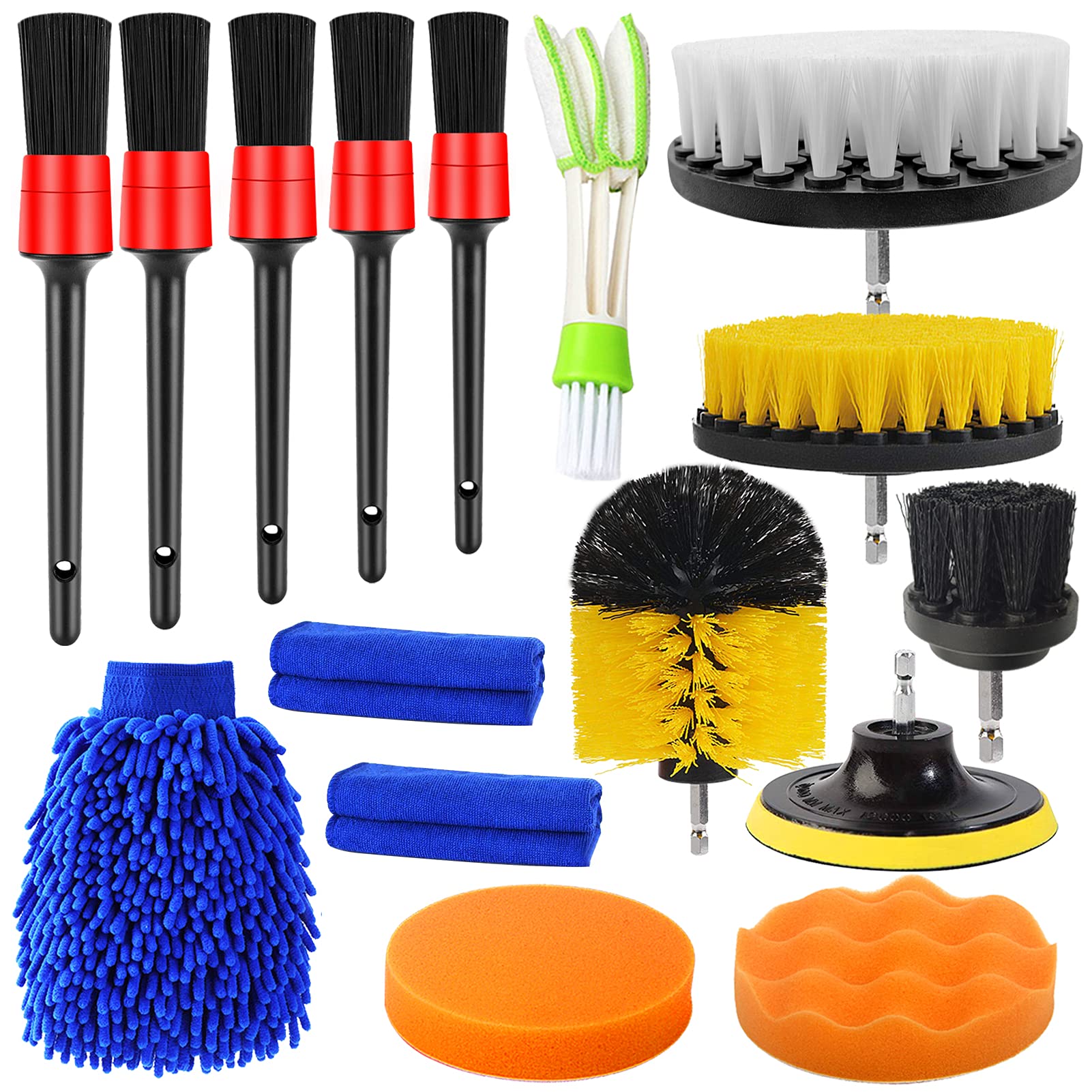 TTCR-II 16 Pcs Car Detailing Kit - Professional Drill Brush Set for Car Cleaning & Polishing (Includes Detailing Brushes, Polishing Pads, Vent Brushes, Towels & Mitt) - Perfect for Interior & Exterior Car Detailing, Auto Detailing & Vehicle Maintenance