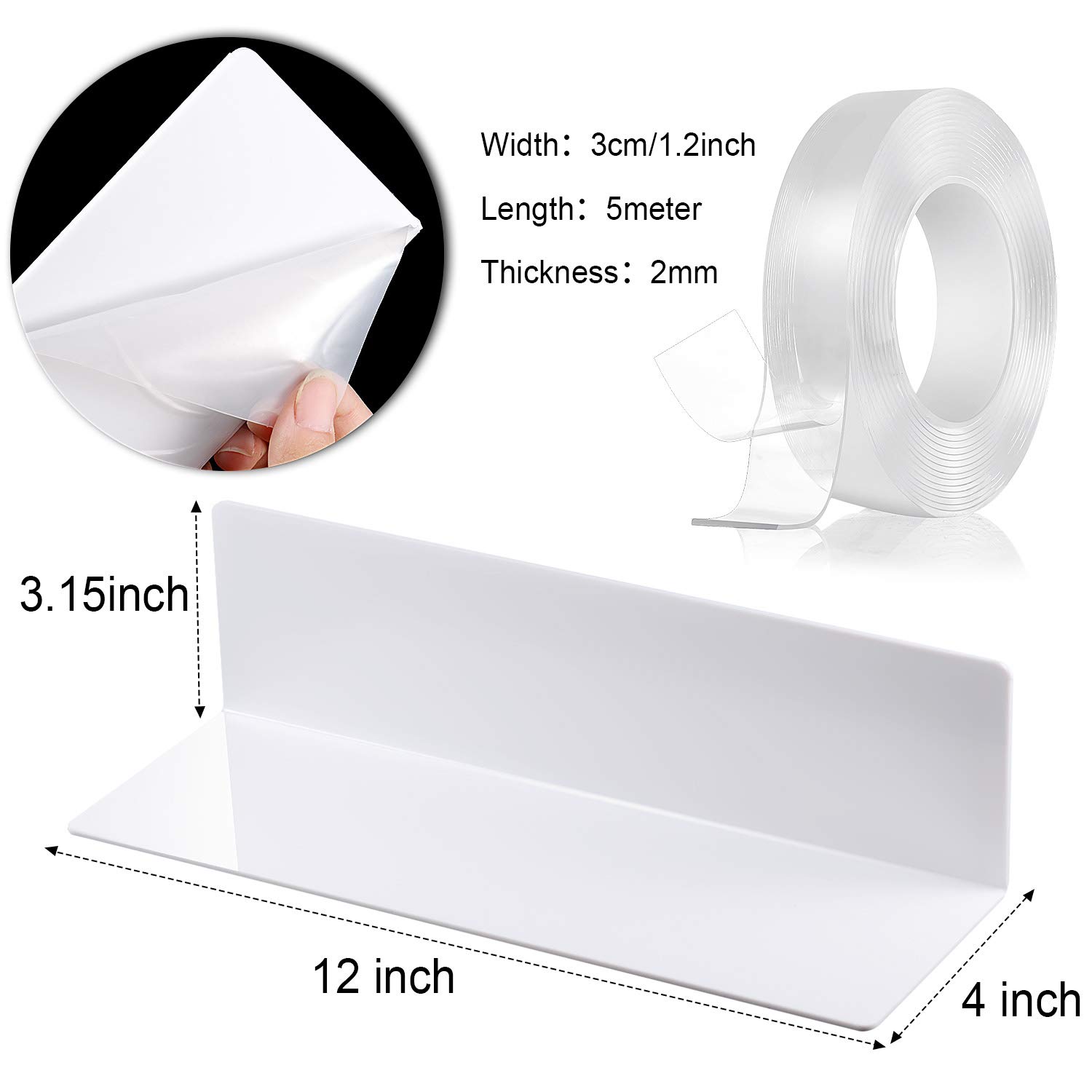 Jetec 8-Piece Acrylic Floating Shelves Set - 12 Inch Clear Wall Mounted Display Shelves with 5M Nano Double-Sided Tape - Perfect for Bedroom, Living Room, Bathroom, Office & Gaming Room Decor (White) - Ideal for Books, Plants, Collectibles & Home Organization