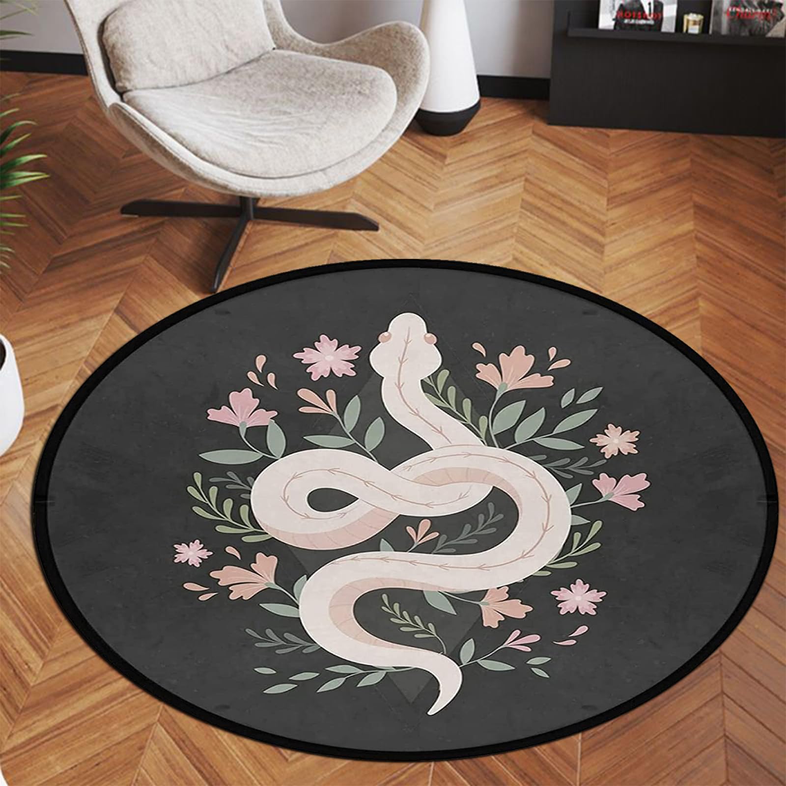 Keepcute Non-Slip Round Flower Area Rug - 6' x 6' Washable Soft Floor Carpet for Living Room, Bedroom & Yoga | Black Snake Pattern Absorbent Rug Mat for Home Decor & Meditation Space