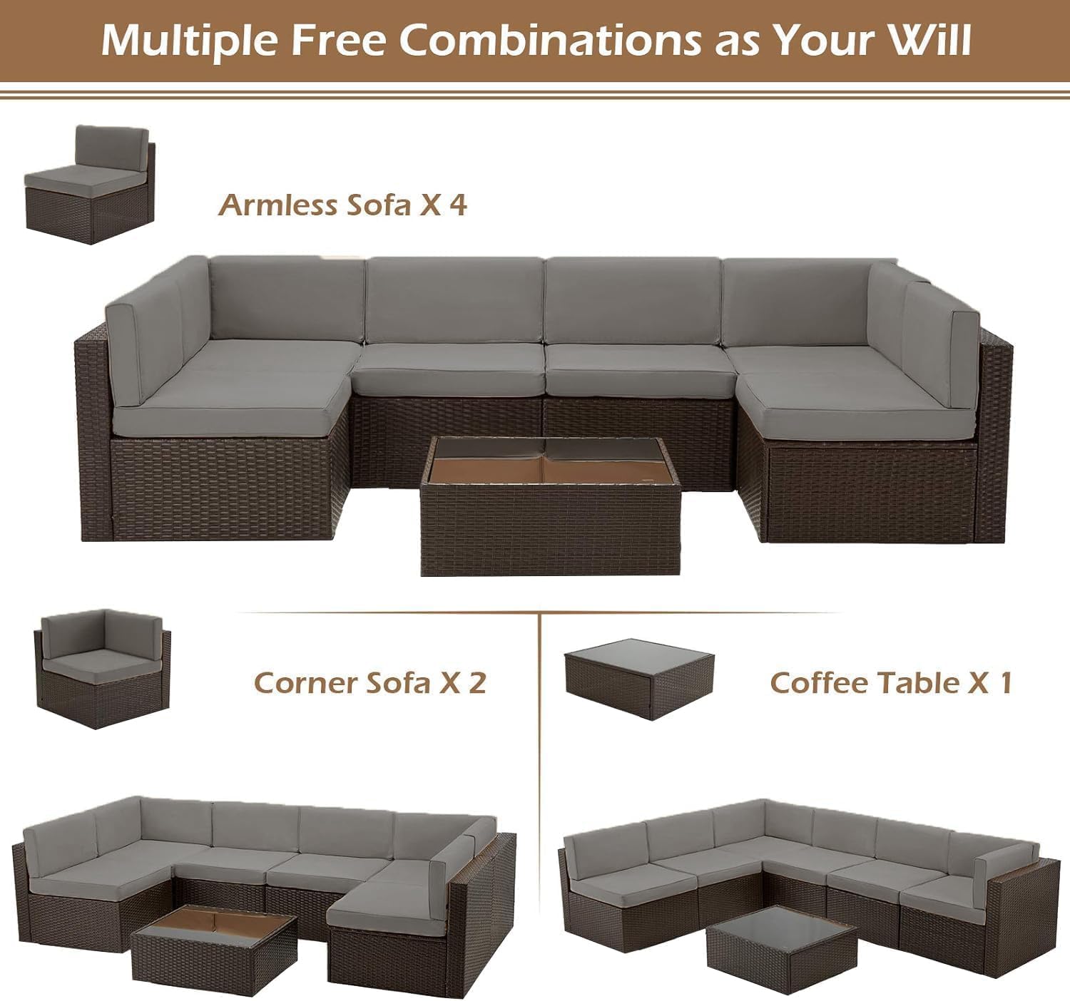U-MAX 7-Piece PE Rattan Patio Furniture Set with Cushions & Coffee Table - Brown Wicker Sectional Sofa & Dark Grey Cushions for Outdoor Garden, Backyard, Poolside & Balcony Decor