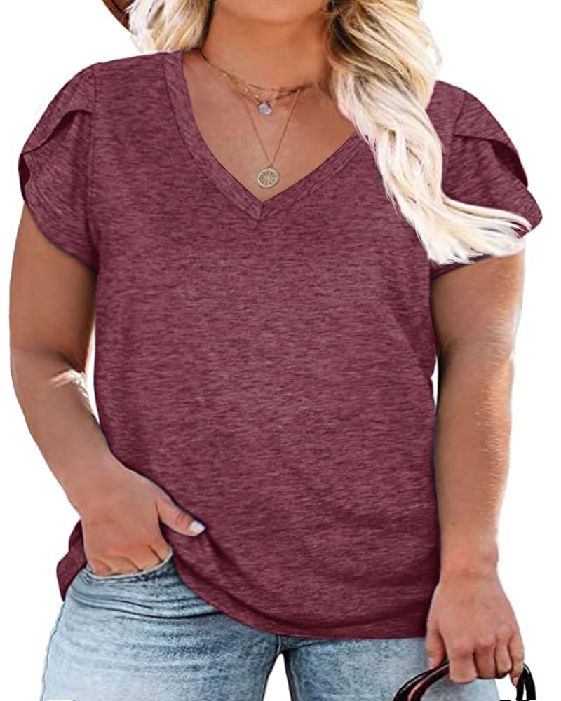 Plus Size Women's V-Neck T-Shirts - Casual Loose Fit Petal Sleeve Tee for Everyday Wear | Perfect for Work, Weekend & Summer Outfits