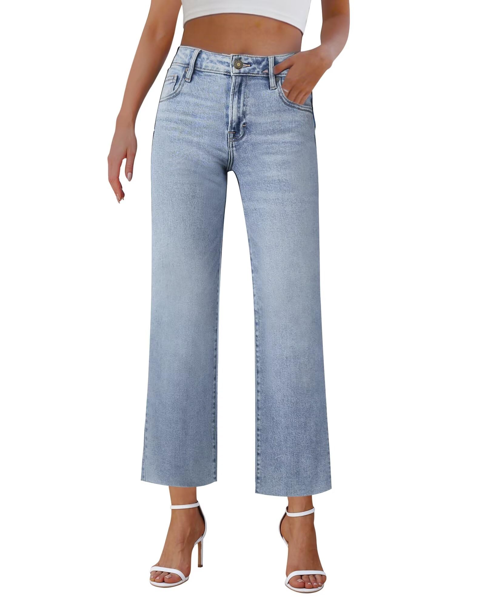 Women's Wide Leg Jeans - High Waisted Stretchy Straight Leg Crop Capri Pants with Raw Hem | Comfortable & Trendy Casual Wear for Everyday Outfits