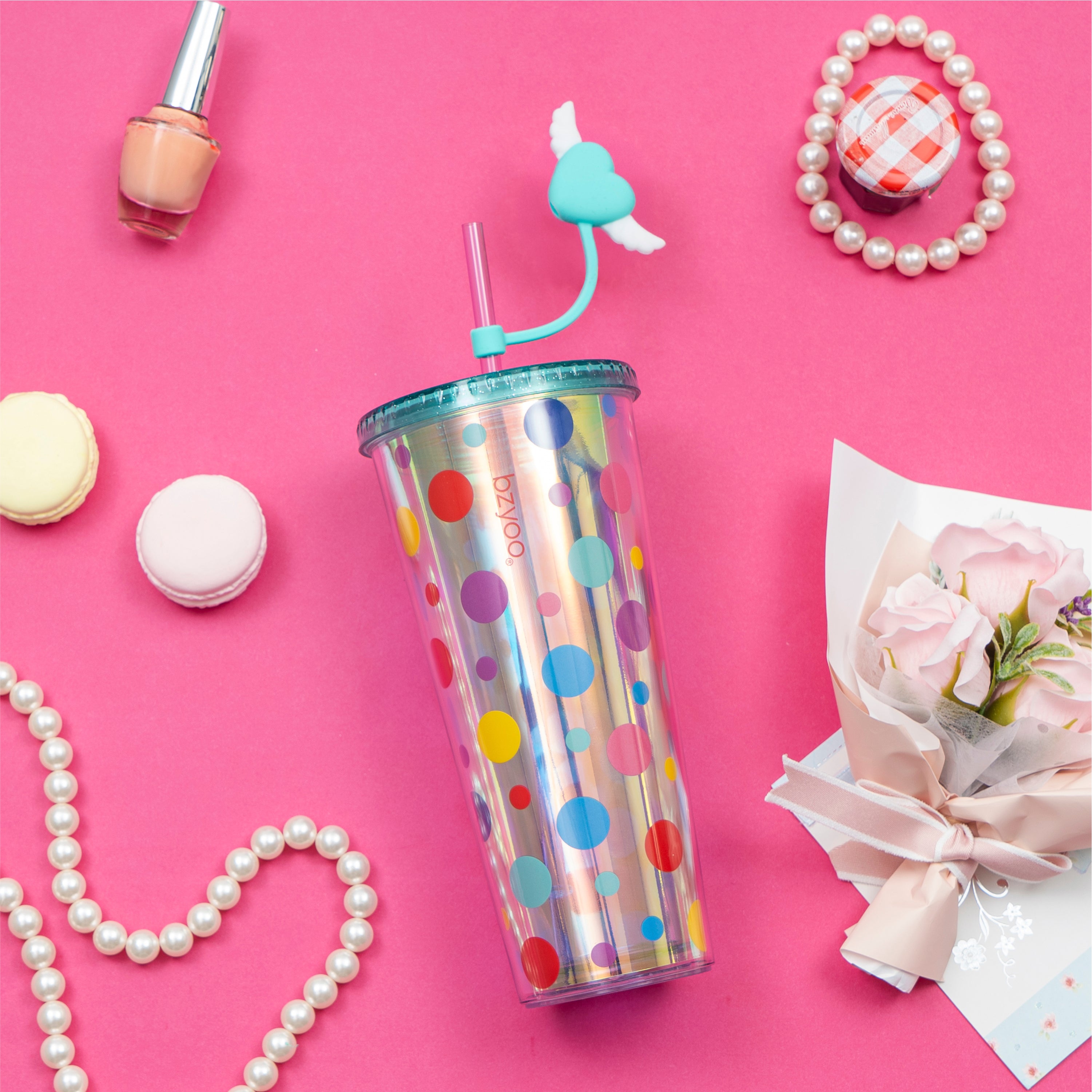 24oz Insulated Tumbler with Heart-Shaped Lid & Wing Straw - Cute Polka Dot Design - Perfect for Coffee, Iced Tea & Cold Drinks at Work, Gym or Travel