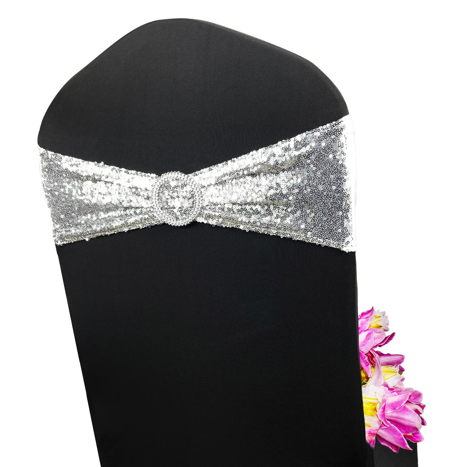 6PCS Silver Sequin Chair Sashes - One-Sided Sparkling Chair Covers for Wedding, Reception & Party Decor | Stretchable Chair Bands for Banquet, Hotel & Event Decoration