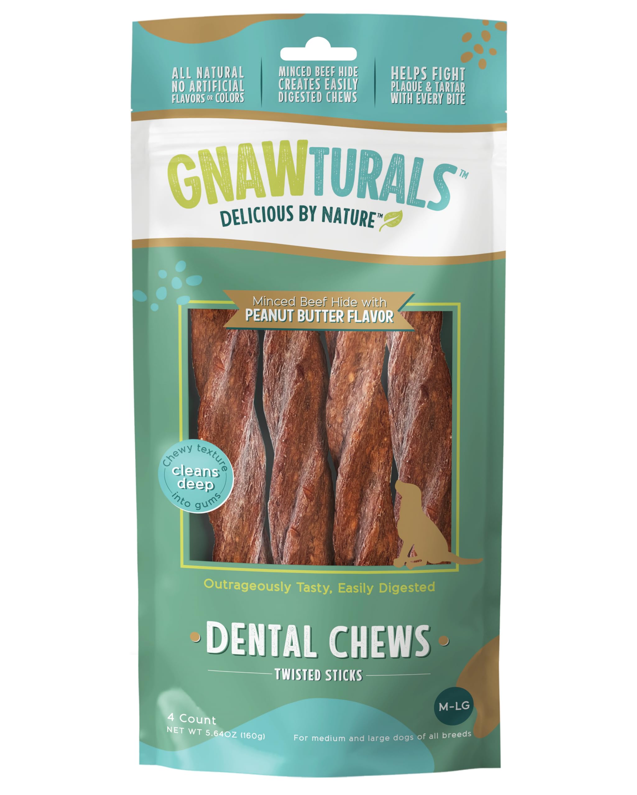 Natural Dental Chews for Large Dogs - Peanut Butter Flavored Twisted Sticks (4 Pack) | Plaque & Tartar Control with Scrubbing Action | Freshens Dog Breath | Ideal for Daily Oral Care & Playtime