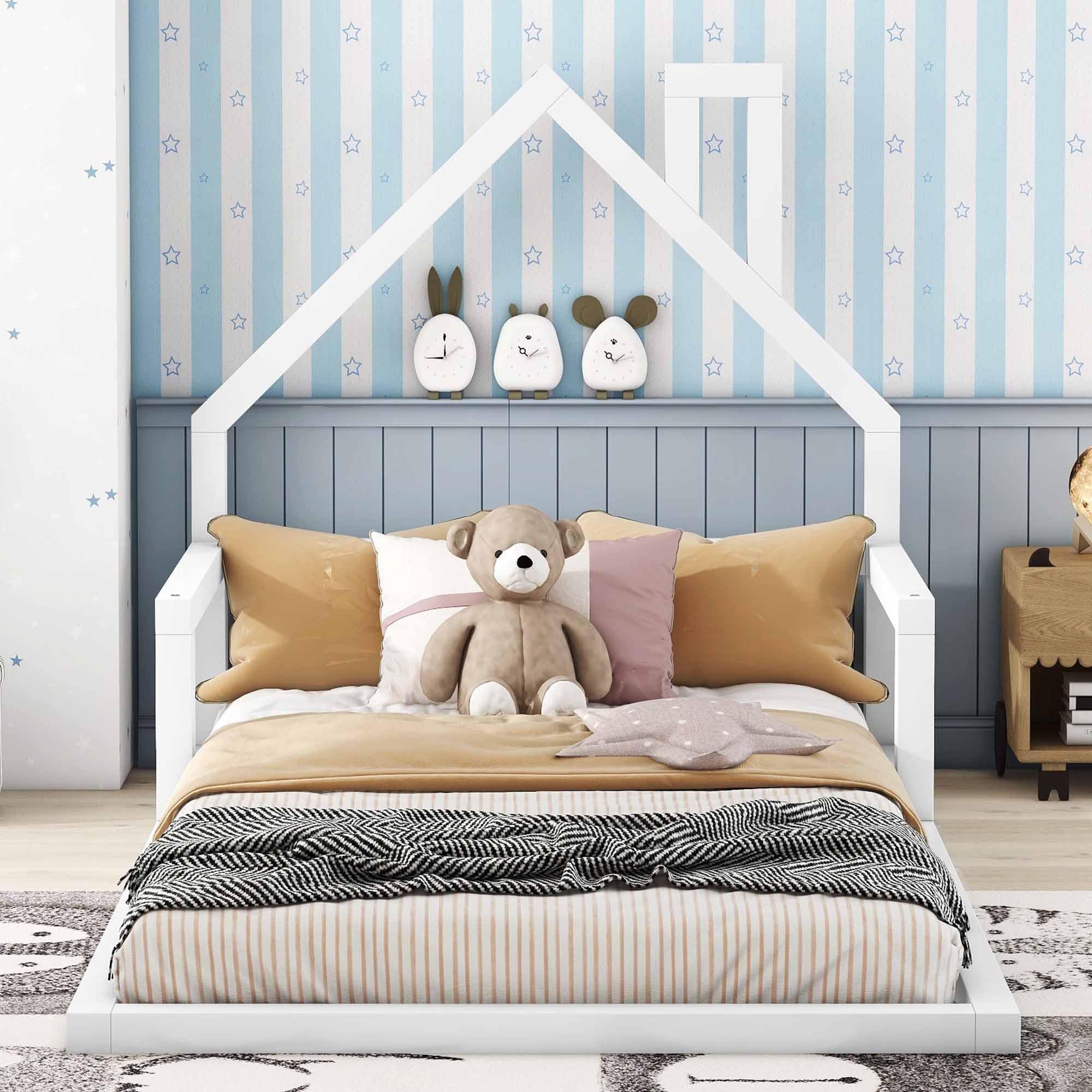 Harper & Bright Designs Twin Size Kids Bed Frame with House-Shaped Headboard - Solid Wood Slats Platform Bed for Boys & Girls - No Box Spring Needed - White - Perfect for Kids Bedrooms, Playrooms & Montessori Floor Beds